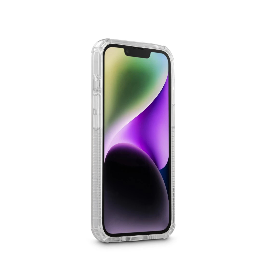 Ein Smartphone in einer transparenten Hülle, das den Bildschirm und das Design der Hülle zeigt, weißer Hintergrund.