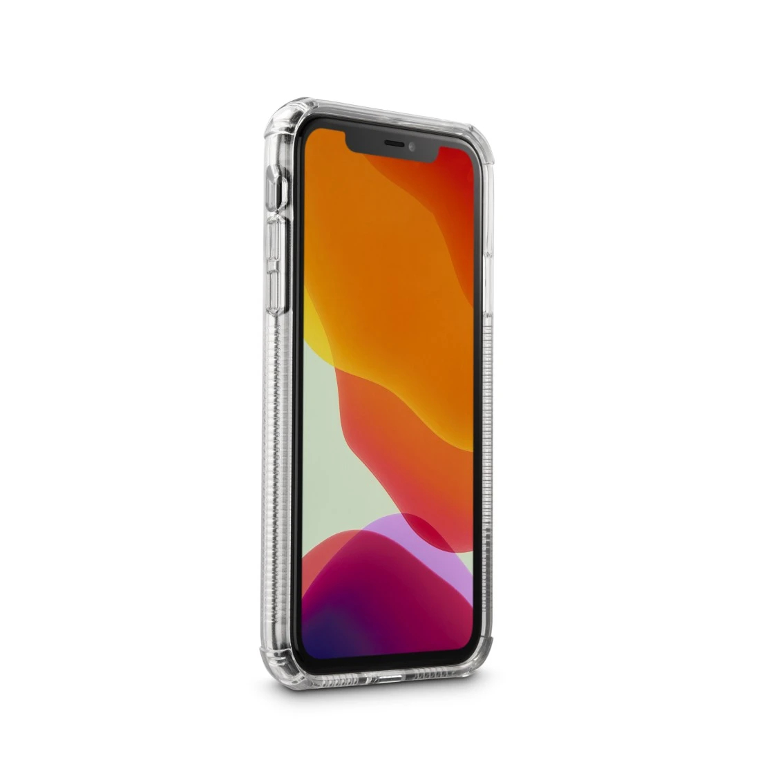 iPhone in una custodia trasparente, che mostra una vibrante sfumatura arancione e gialla.