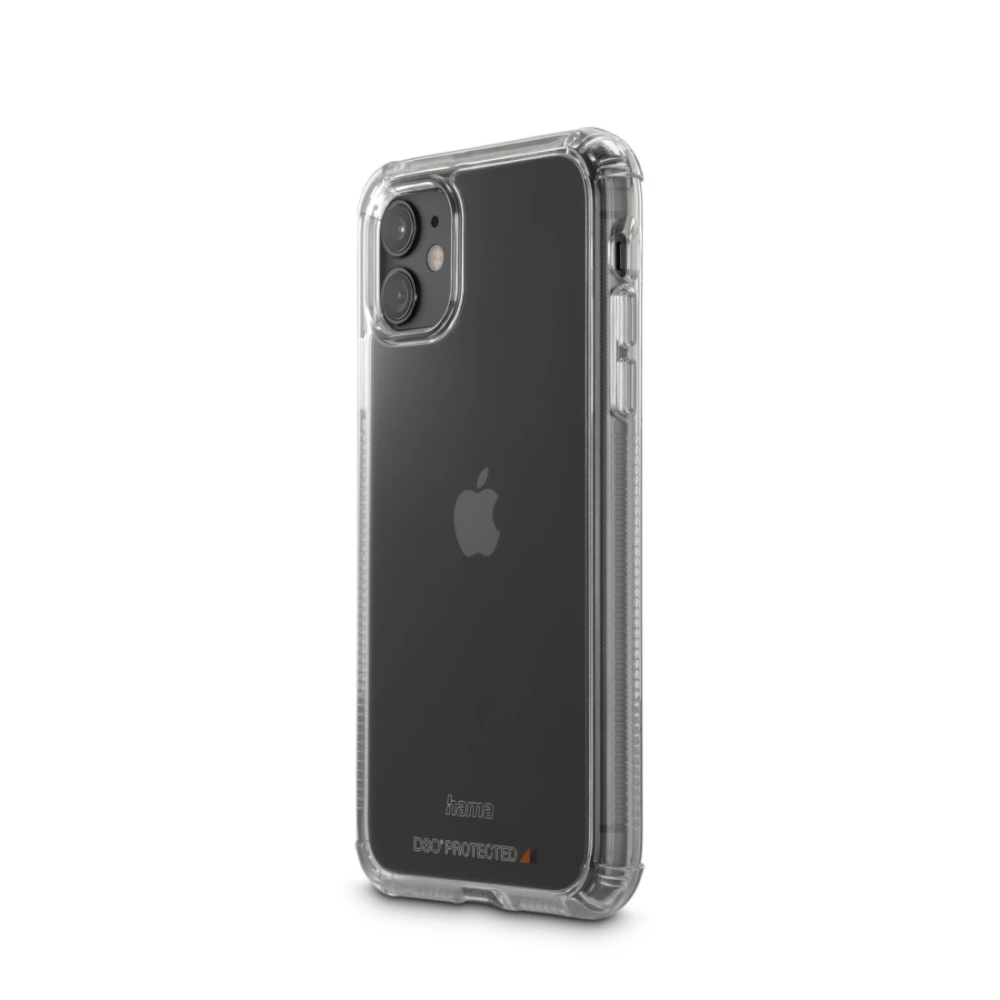 Una custodia trasparente per telefono con un telefono all'interno, con il logo Apple visibile.