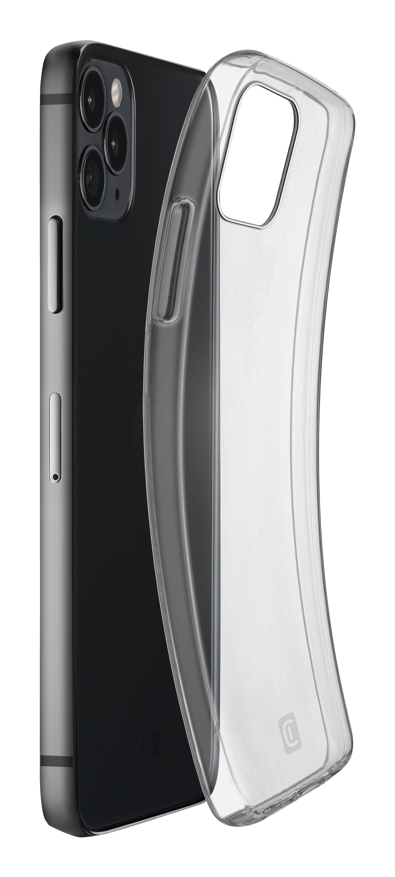 Teléfono negro con funda transparente, en ángulo, mostrando el lateral de la funda y el teléfono.