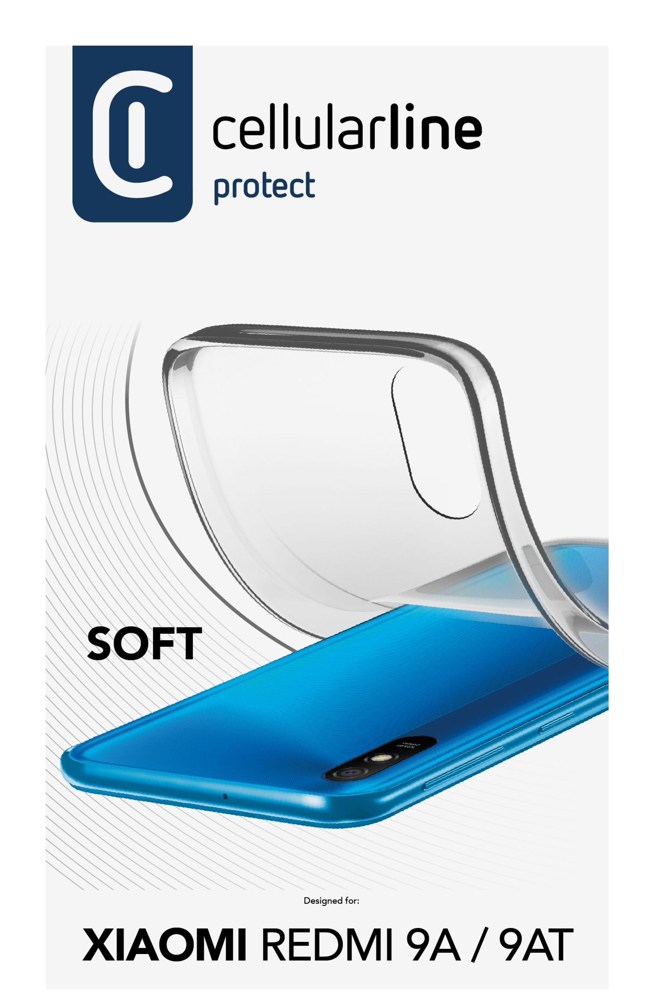 Custodia trasparente su telefono blu, con texture morbida e logo del marchio cellularline.