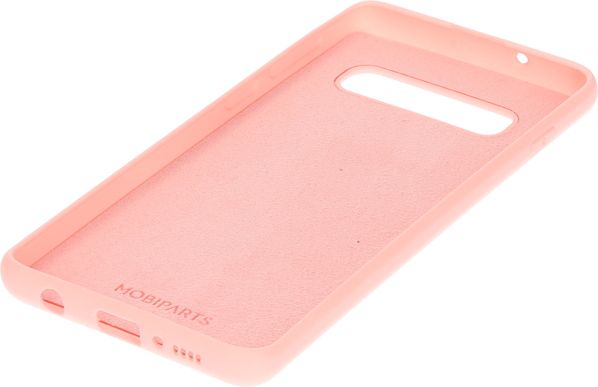 Een lichtroze telefoonhoesje. MOBIPARTS staat op de zijkant gedrukt.