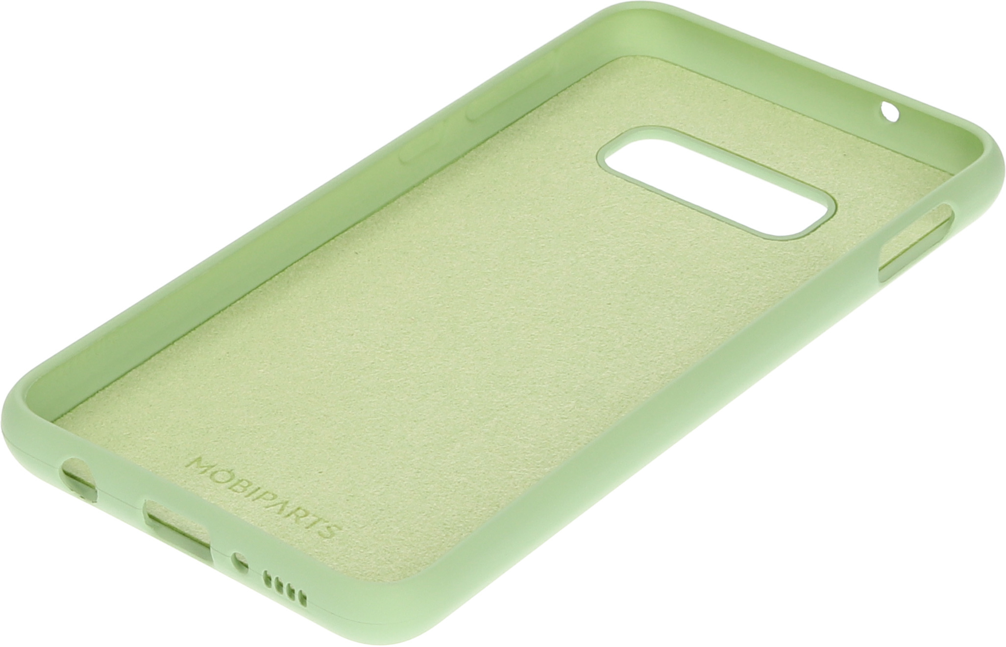 Light green phone case, interior visible, with MOBIPARTS branding.
