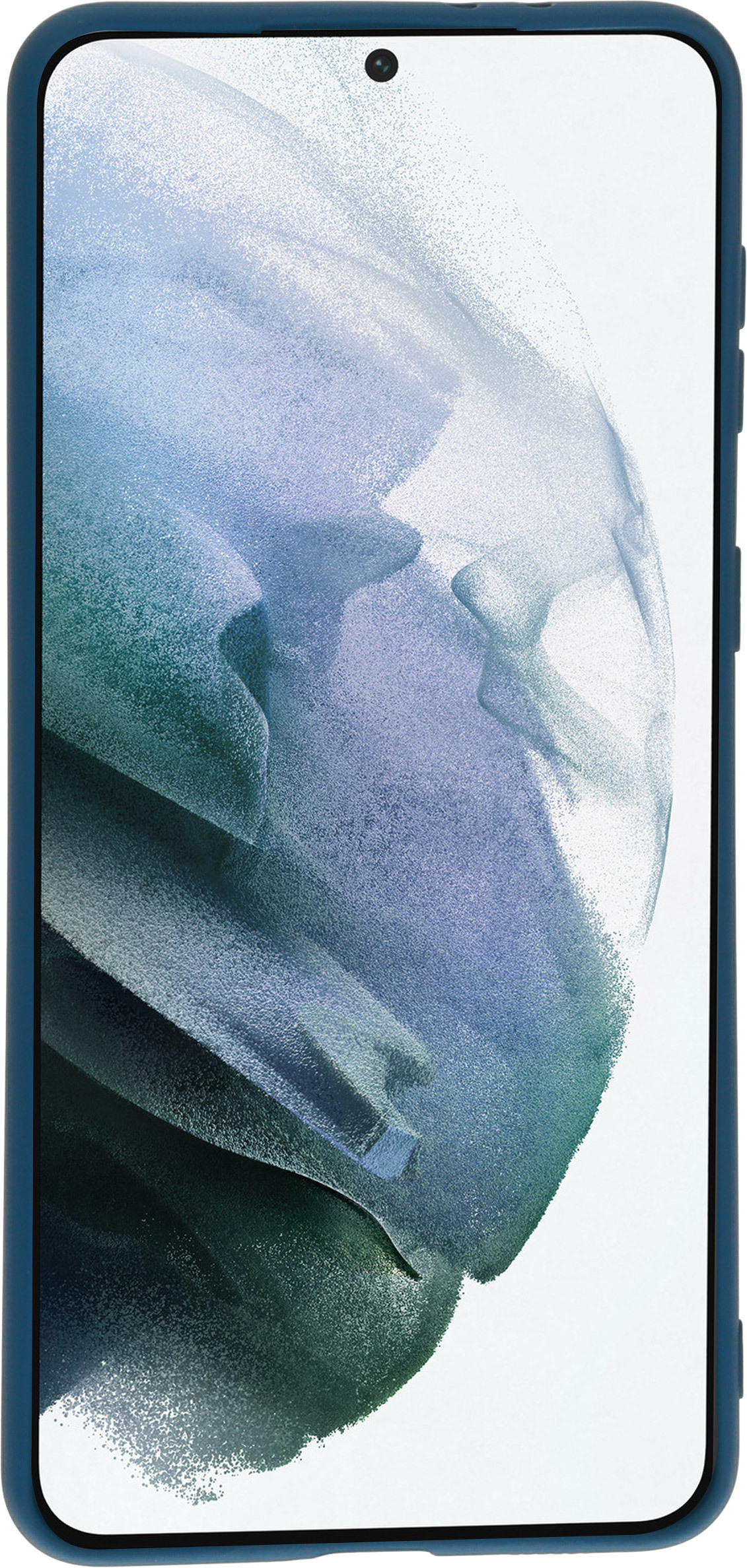 Blauwe telefoonhoes met het scherm van de telefoon zichtbaar. Het scherm van de telefoon is wit en blauw.