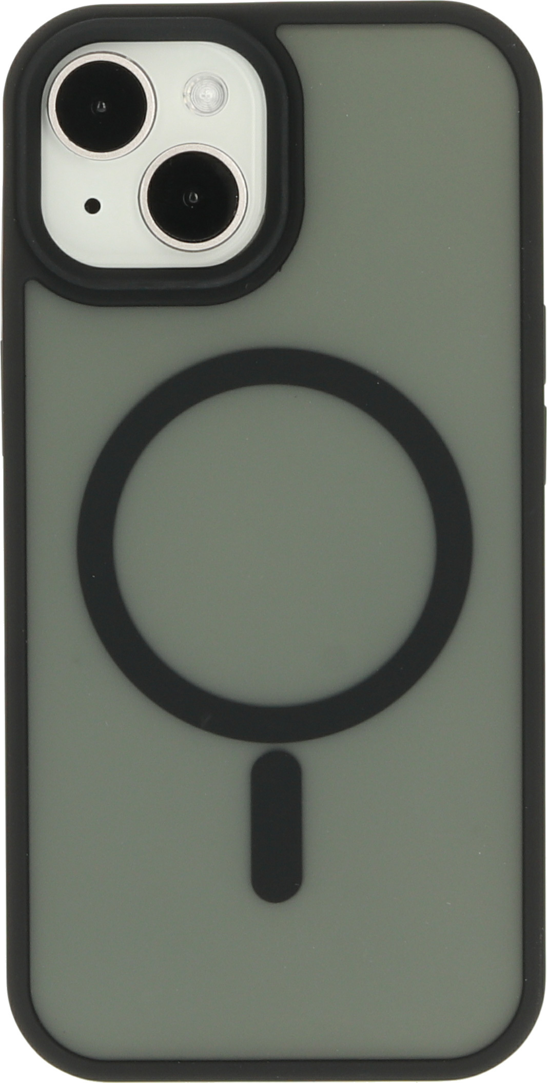 Een telefoonhoesje met een zwarte cirkel en streep op een groene achtergrond.