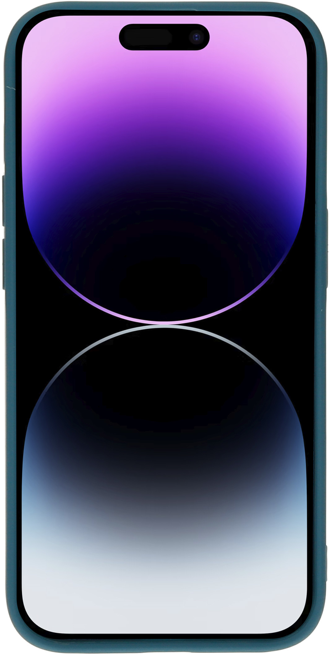 Telefoon in teal hoes. Scherm toont een gradiënt: paars, zwart en wit.