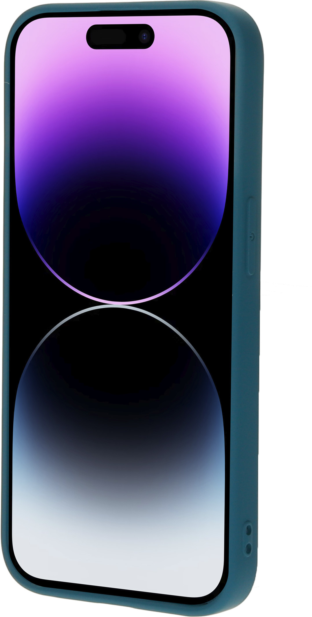 Blauwgroene telefoonhoes met een telefoon met een paars en wit scherm.