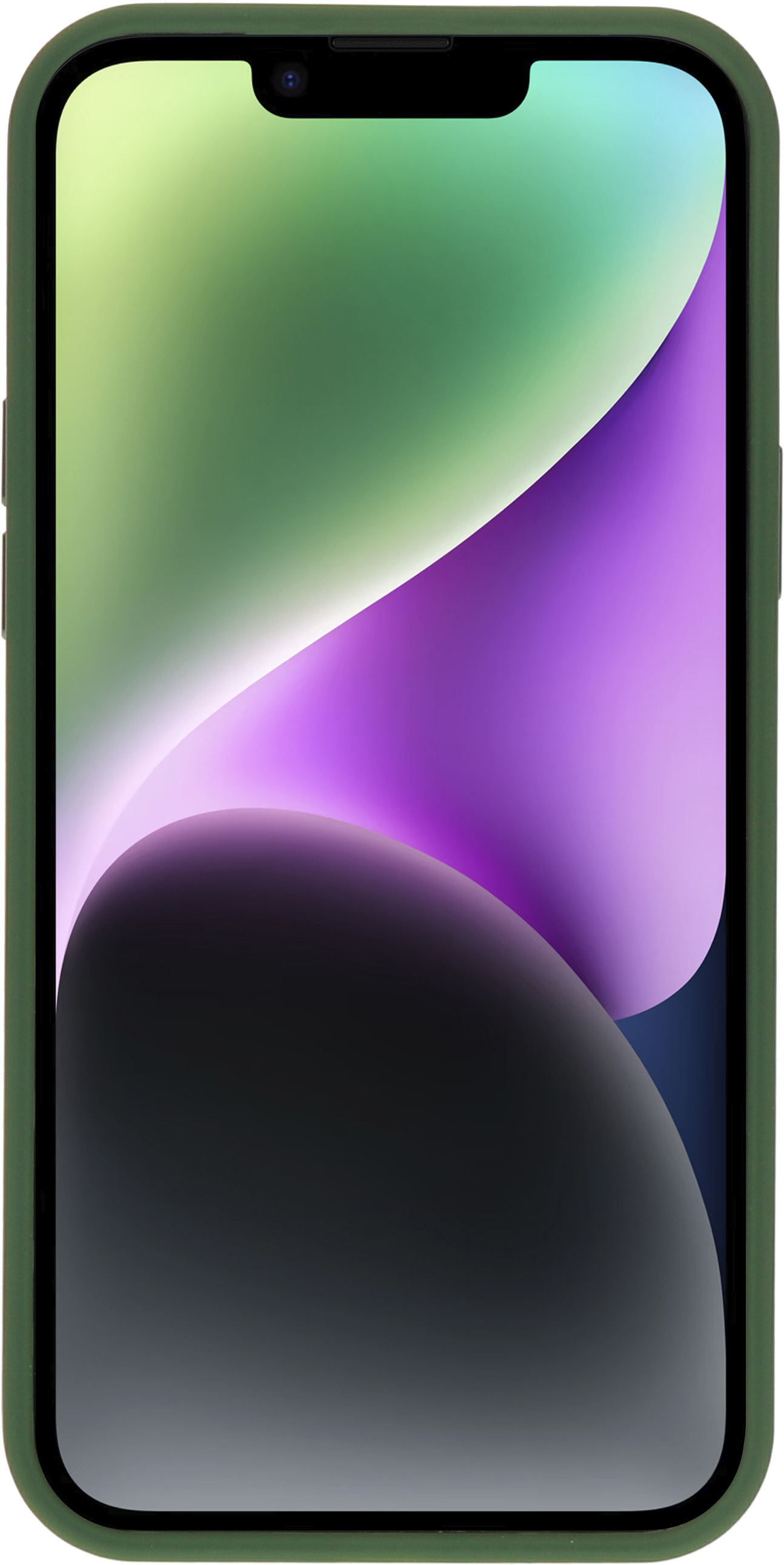 Telefoon in een groene hoes. Het scherm toont een kleurrijke abstracte afbeelding met paarse en groene tinten.