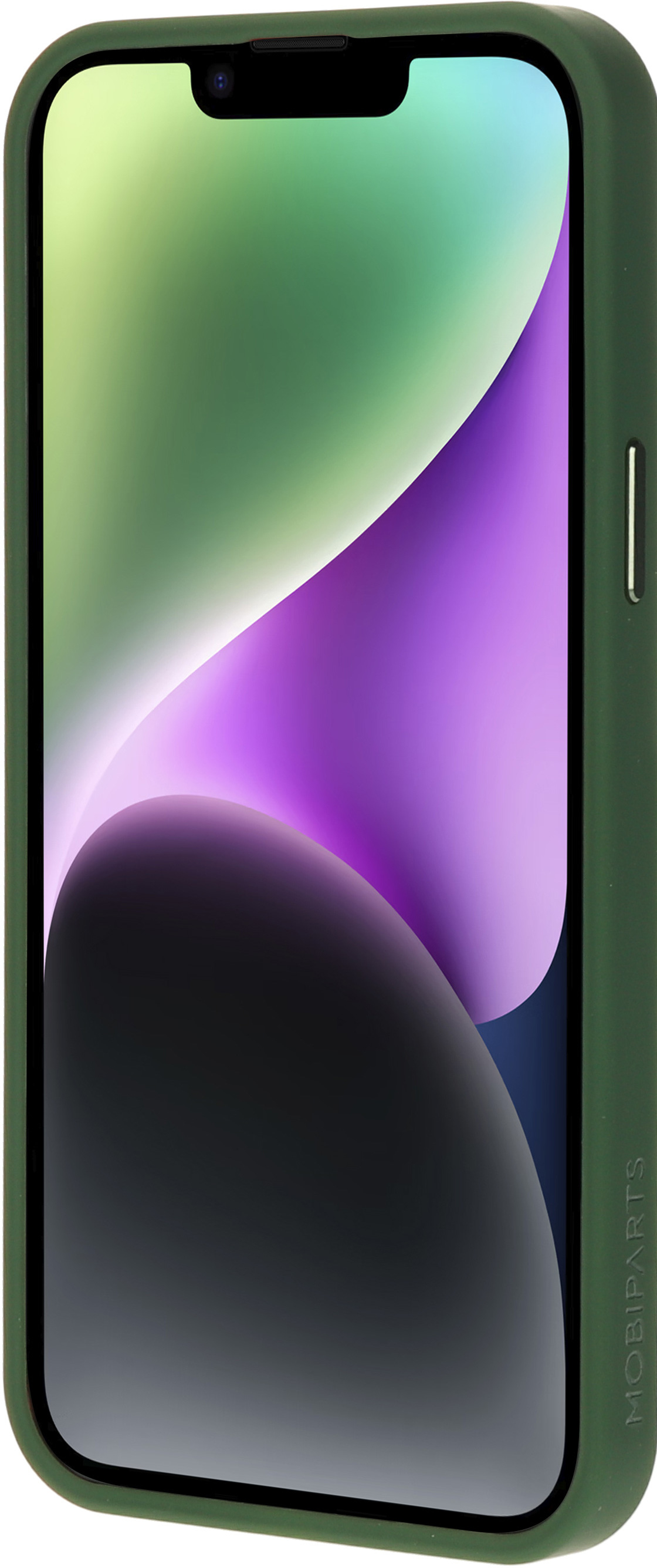 Groen telefoonhoesje op een iPhone, toont scherm. MOBIPARTS aan de zijkant.