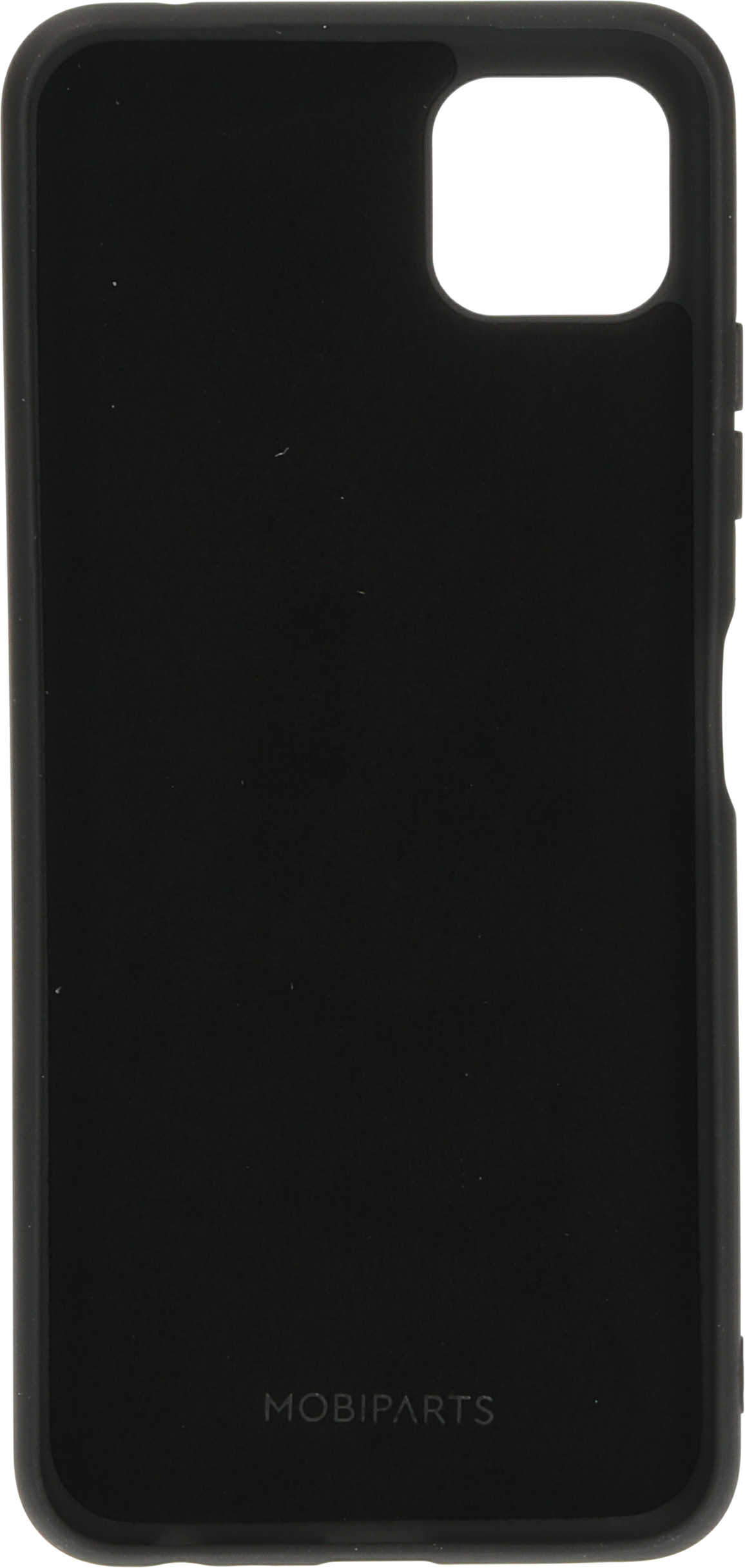 Zwarte telefoonhoes met camera-uitsparing. MOBIPARTS onderaan gedrukt.