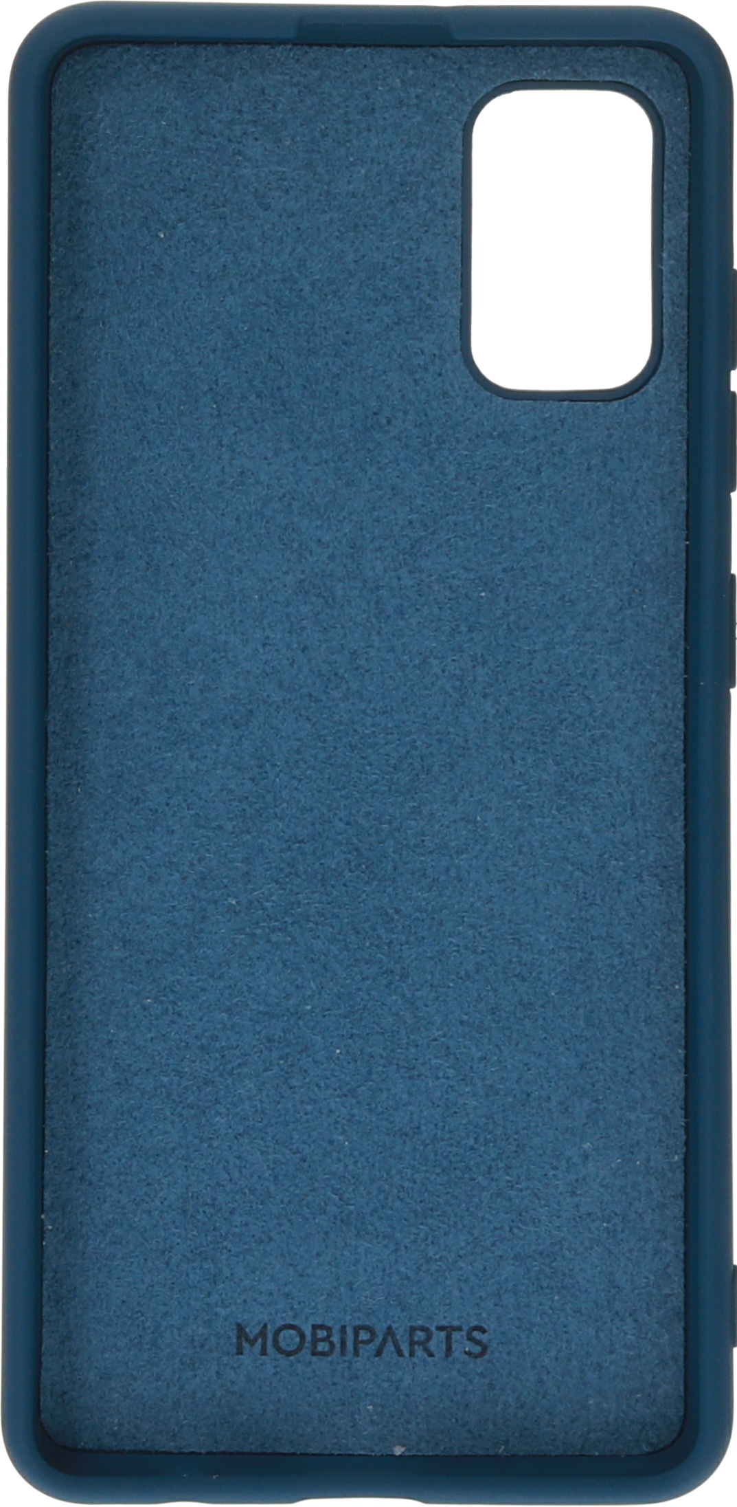 Donkerblauwgroene binnenkant van een telefoonhoesje. Met MOBIPARTS-merk onderaan.