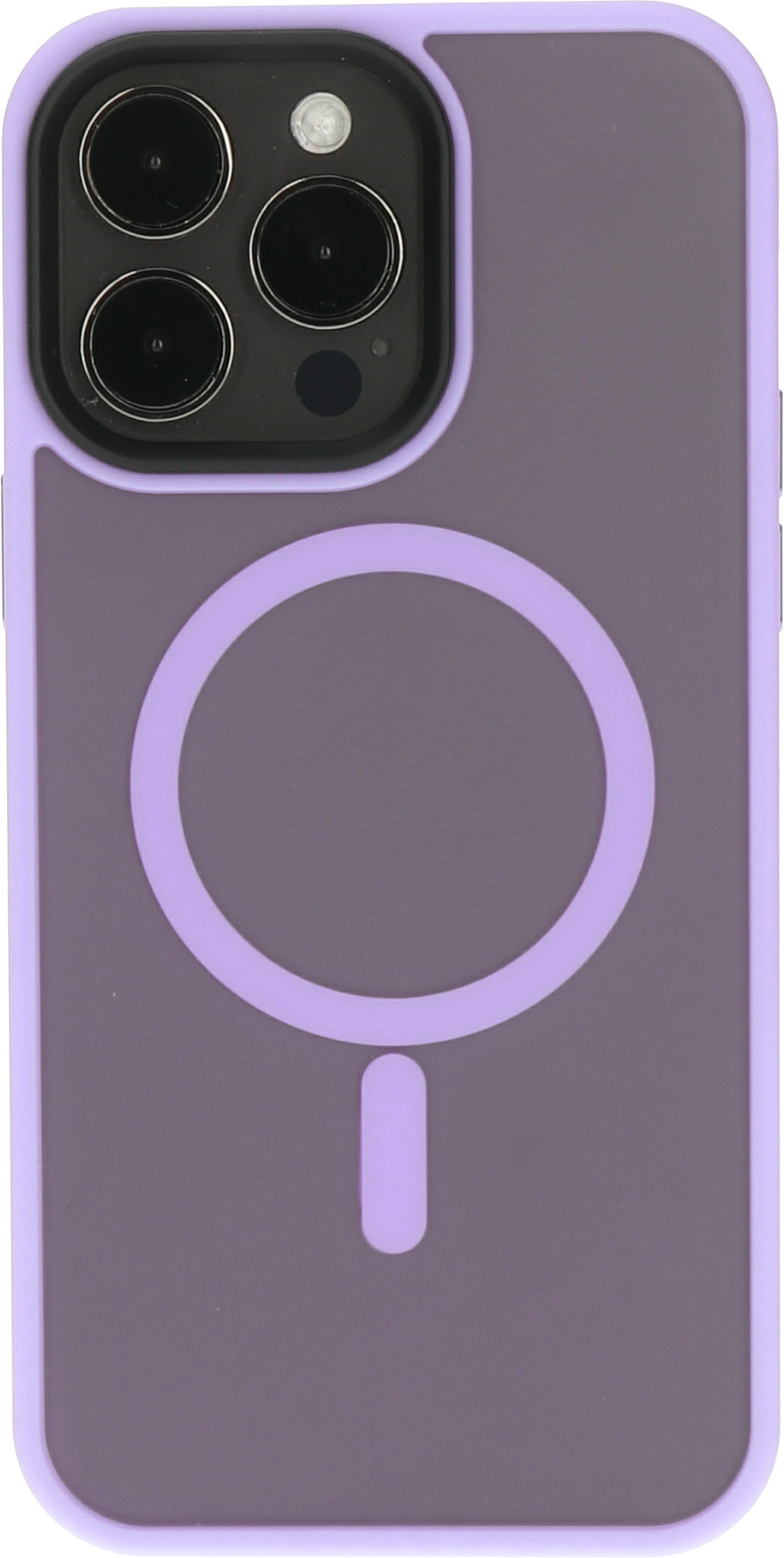 Een paarse telefoonhoes met een cirkel en streep op de achterkant. De hoes staat op een witte achtergrond.