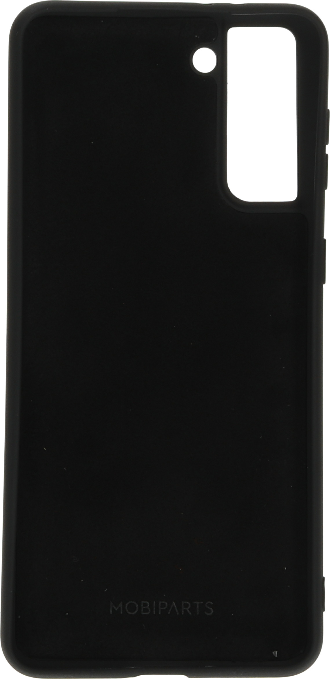 Zwarte telefoonhoes met camera-uitsparing en MOBIPARTS-logo op witte achtergrond.