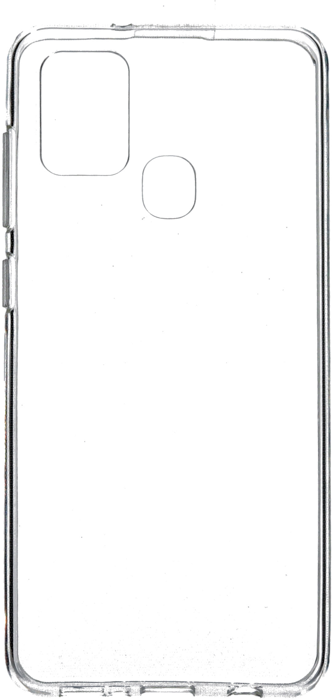 Transparante telefoonhoes. Het heeft uitsparingen voor camera en knoppen.