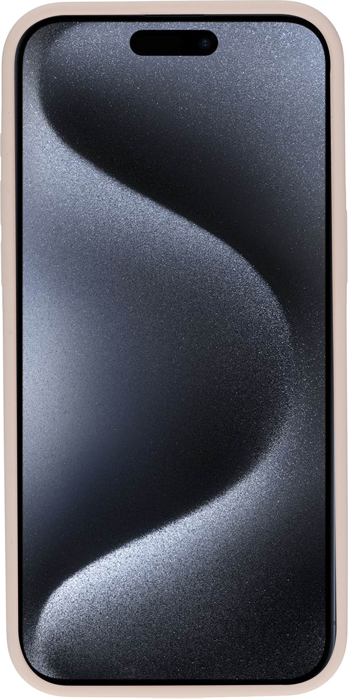 Telefoon in lichtbruine hoes met een golvend, donker scherm. Camera bovenaan.
