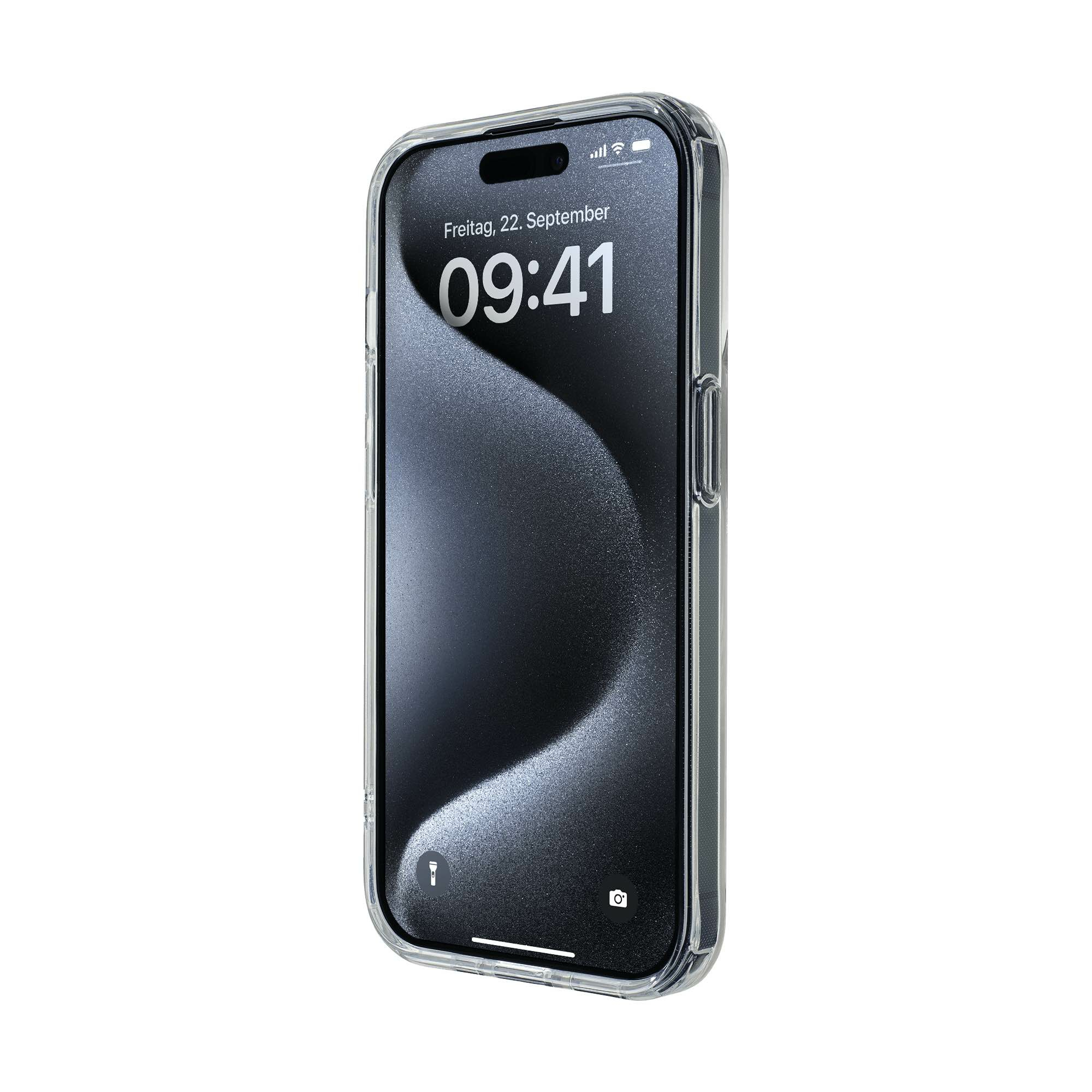 iPhone in custodia trasparente, schermo mostra ora e data, su sfondo bianco.