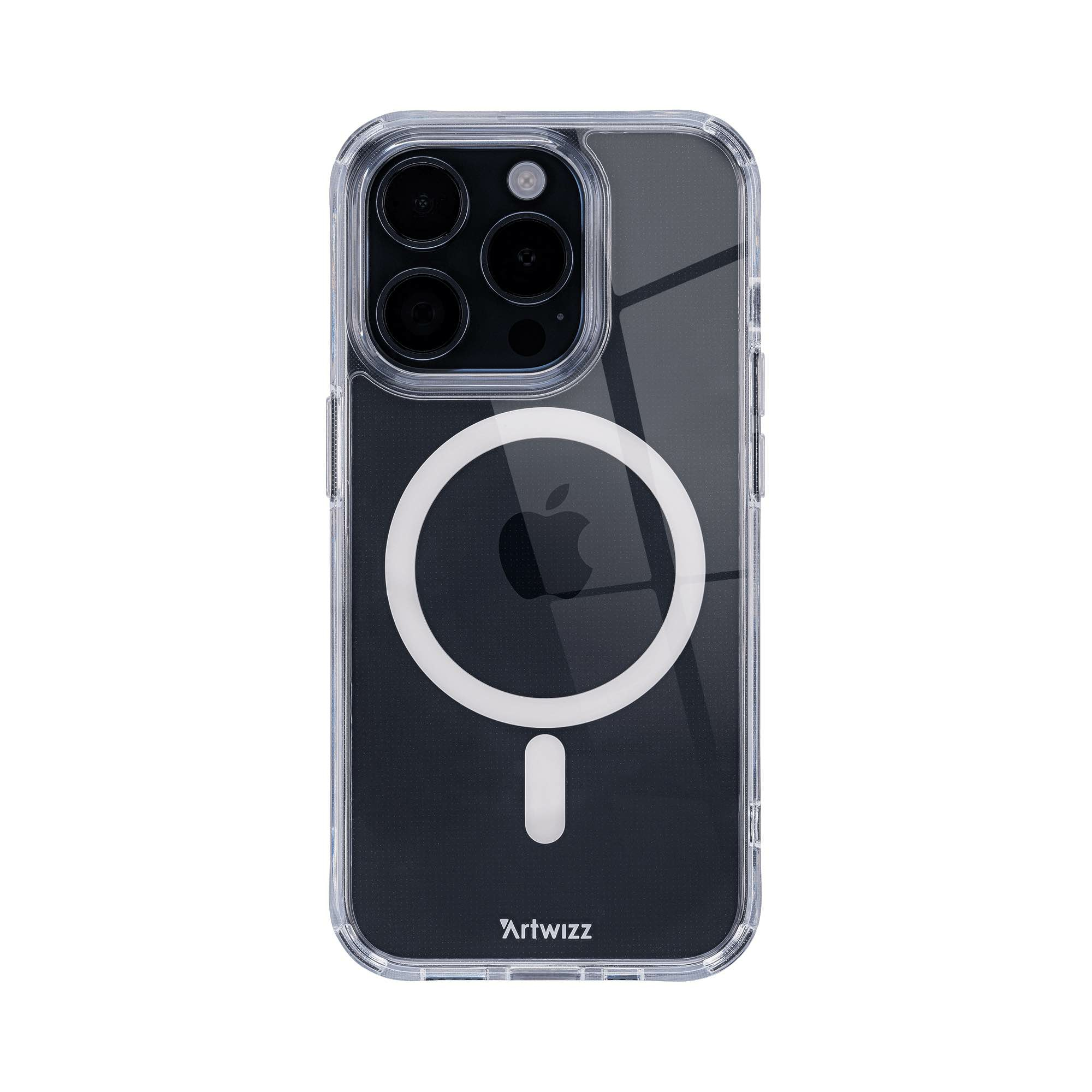 Custodia trasparente su un iPhone. Obiettivi neri e logo Apple visibili.