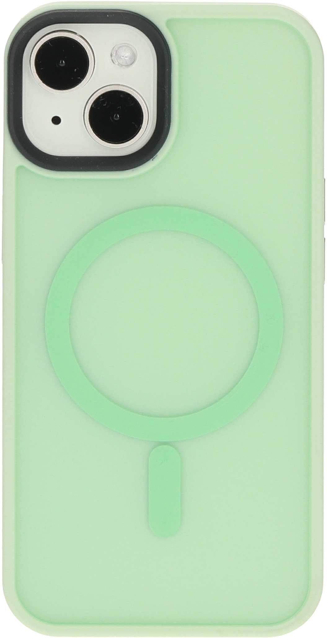 Groene telefoonhoes met zwarte rand en een mintgroene MagSafe-ring. MagSafe heeft een minteken.