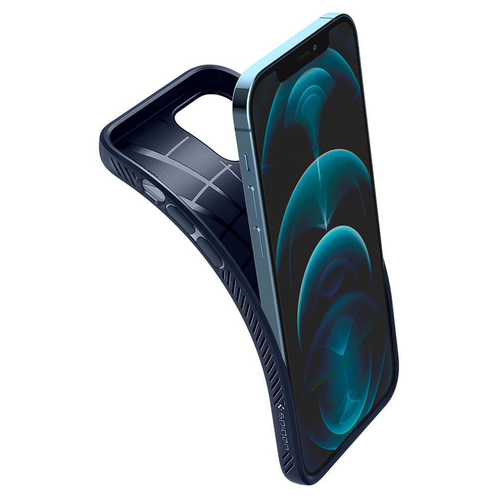 Custodia per telefono blu scuro con telefono parzialmente visibile, che mostra uno schermo.