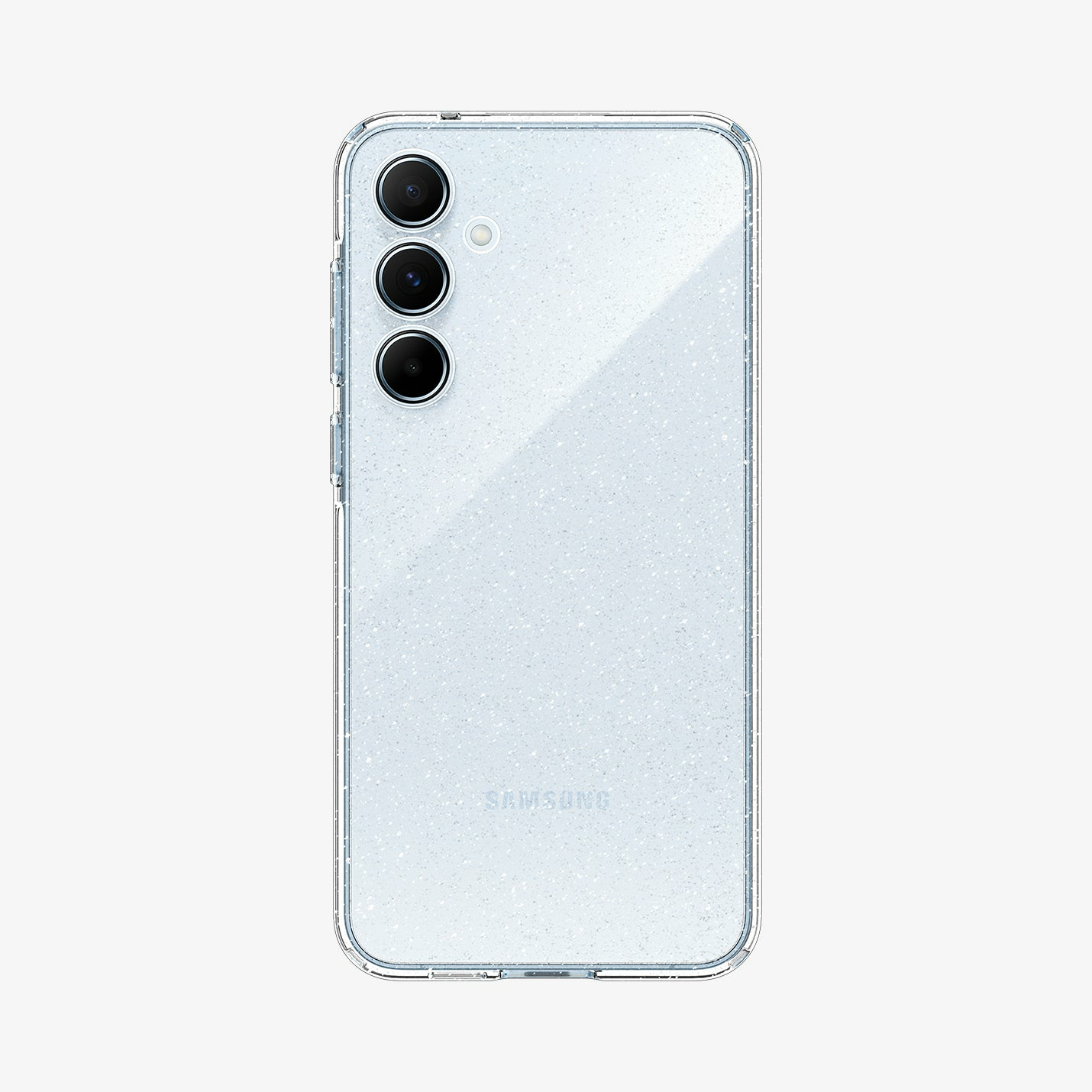 Blauwe telefoonhoes, de binnenkant tonend. De hoes heeft openingen voor de camera.
