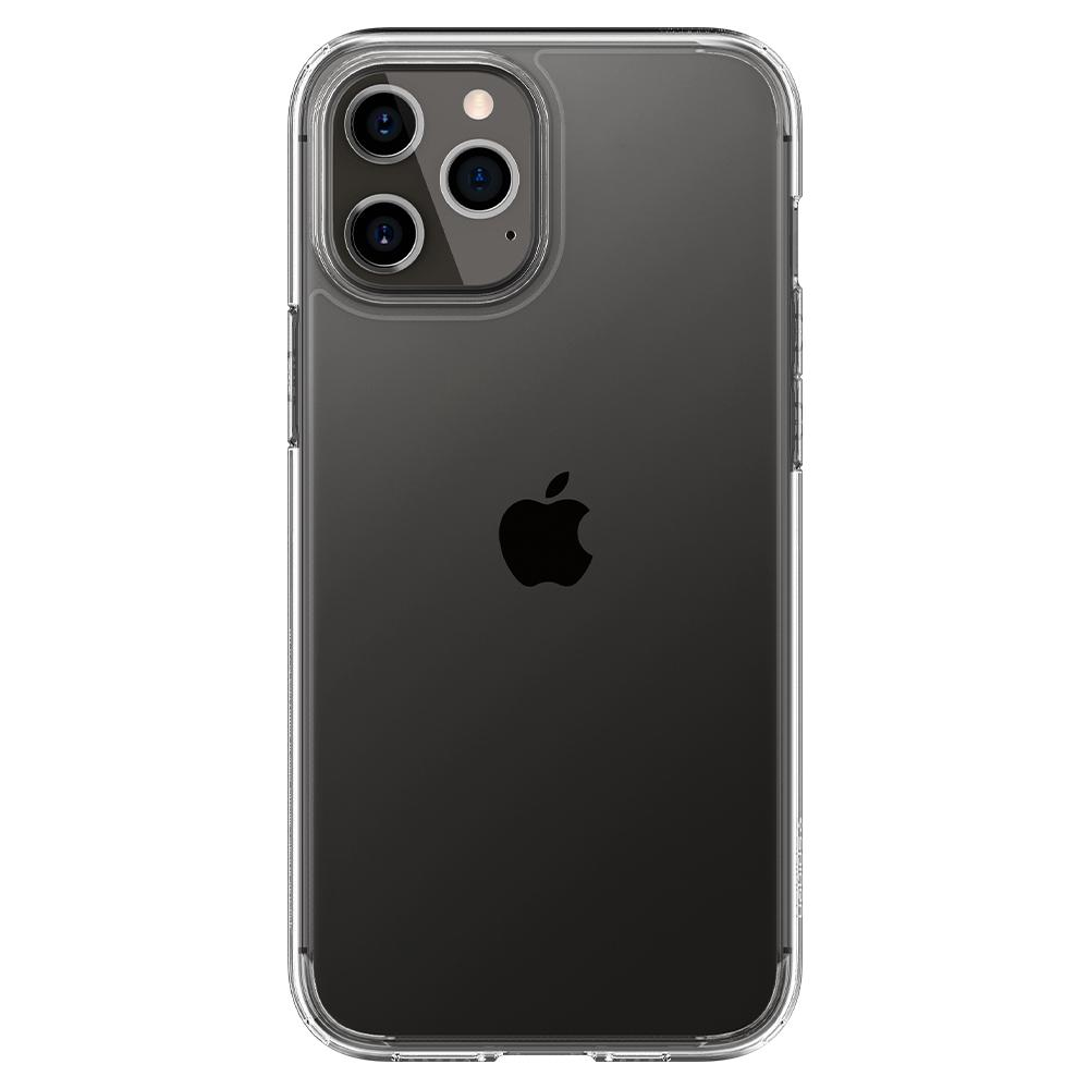 Una custodia trasparente per telefono con un telefono scuro all'interno. Il telefono ha un retro nero e il logo Apple è visibile.