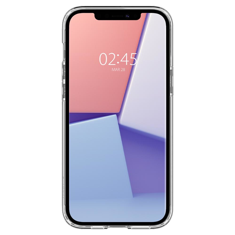 Custodia trasparente per telefono con schermo colorato che mostra ora e data e sfondo bianco.
