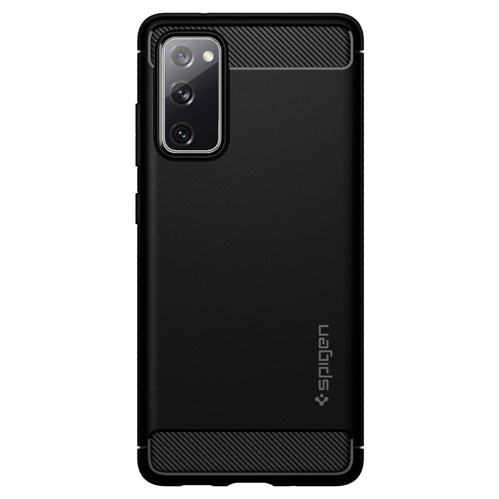 Zwarte telefoonhoes met camera en Spigen-logo, met een zwart telefoonscherm.