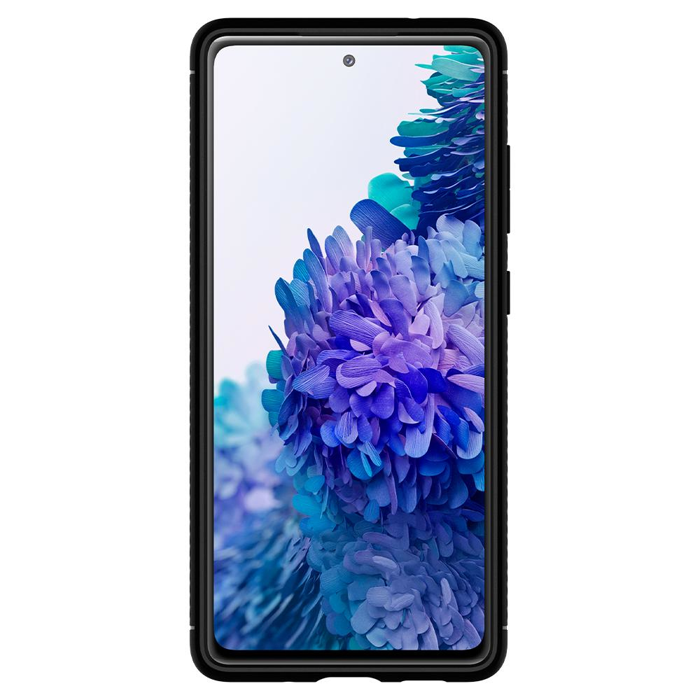 Een zwarte telefoonhoes met een Samsung-telefoon erin, met een bloemenafbeelding.