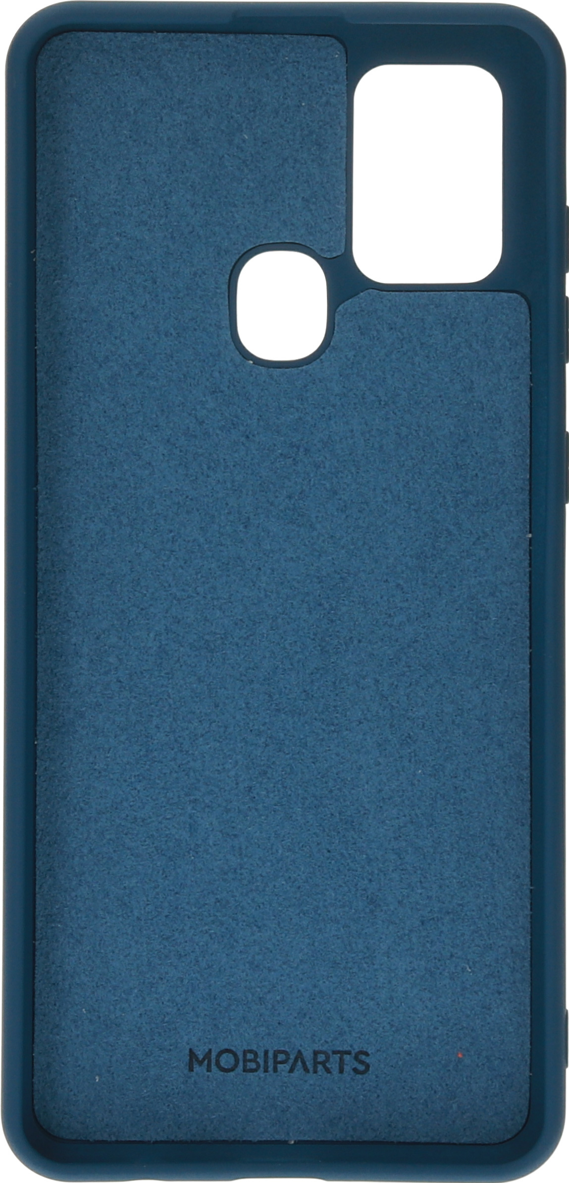 Blauwe telefooncase binnenkant met camera- en flitsuitsparingen. MOBIPARTS onderaan gedrukt.