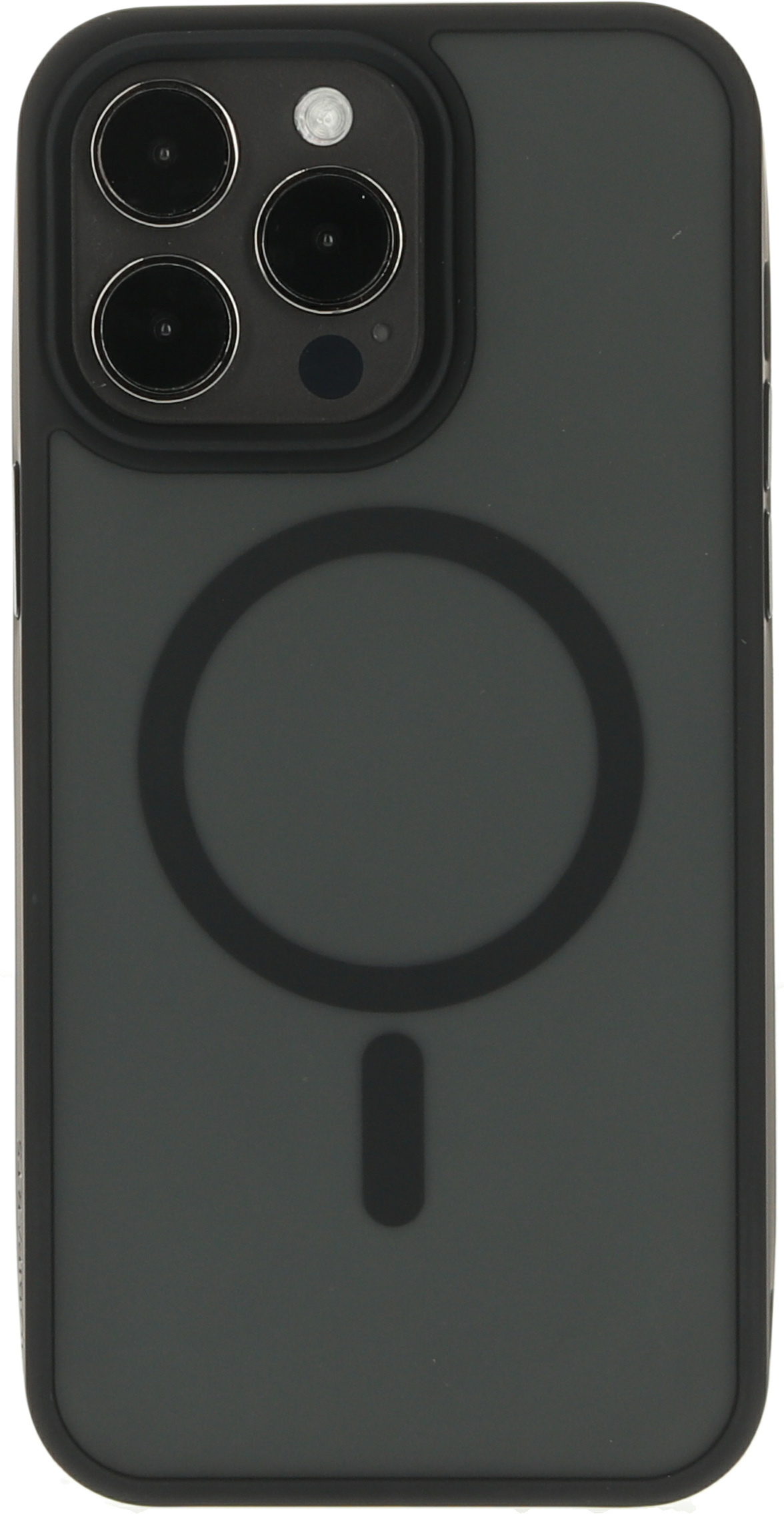 Grijze telefoonhoes achterkant, met een zwart cirkelvormig ontwerp.