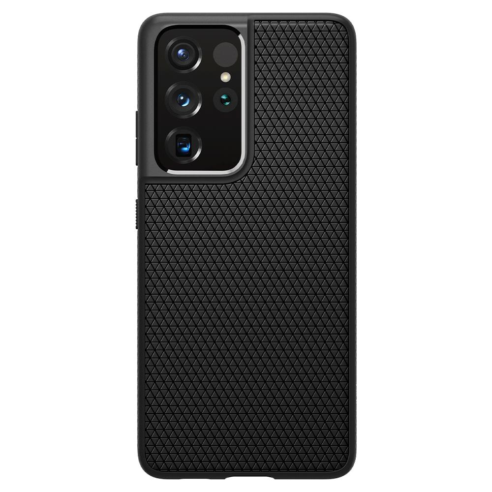 Custodia per telefono nera con retro strutturato e ritaglio per il modulo fotocamera.