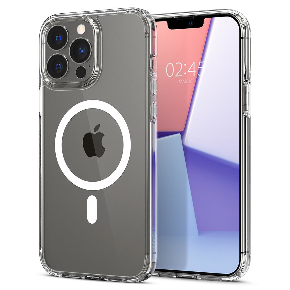 iPhone met doorzichtige hoes, toont scherm en witte cirkel met zwart logo.
