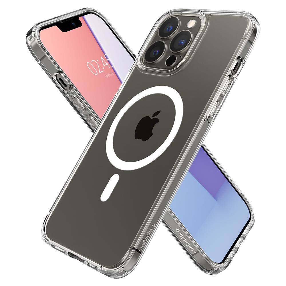 Twee iPhones met doorzichtige telefoonhoesjes. Eén toont het scherm, de ander de achterkant.