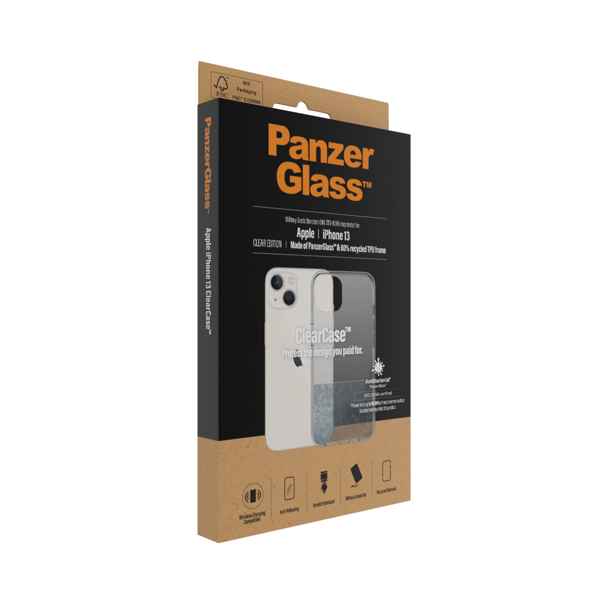 Transparente Handyhülle in einer Schachtel. Text auf der Schachtel: PanzerGlass, Apple iPhone 13 ClearCase.