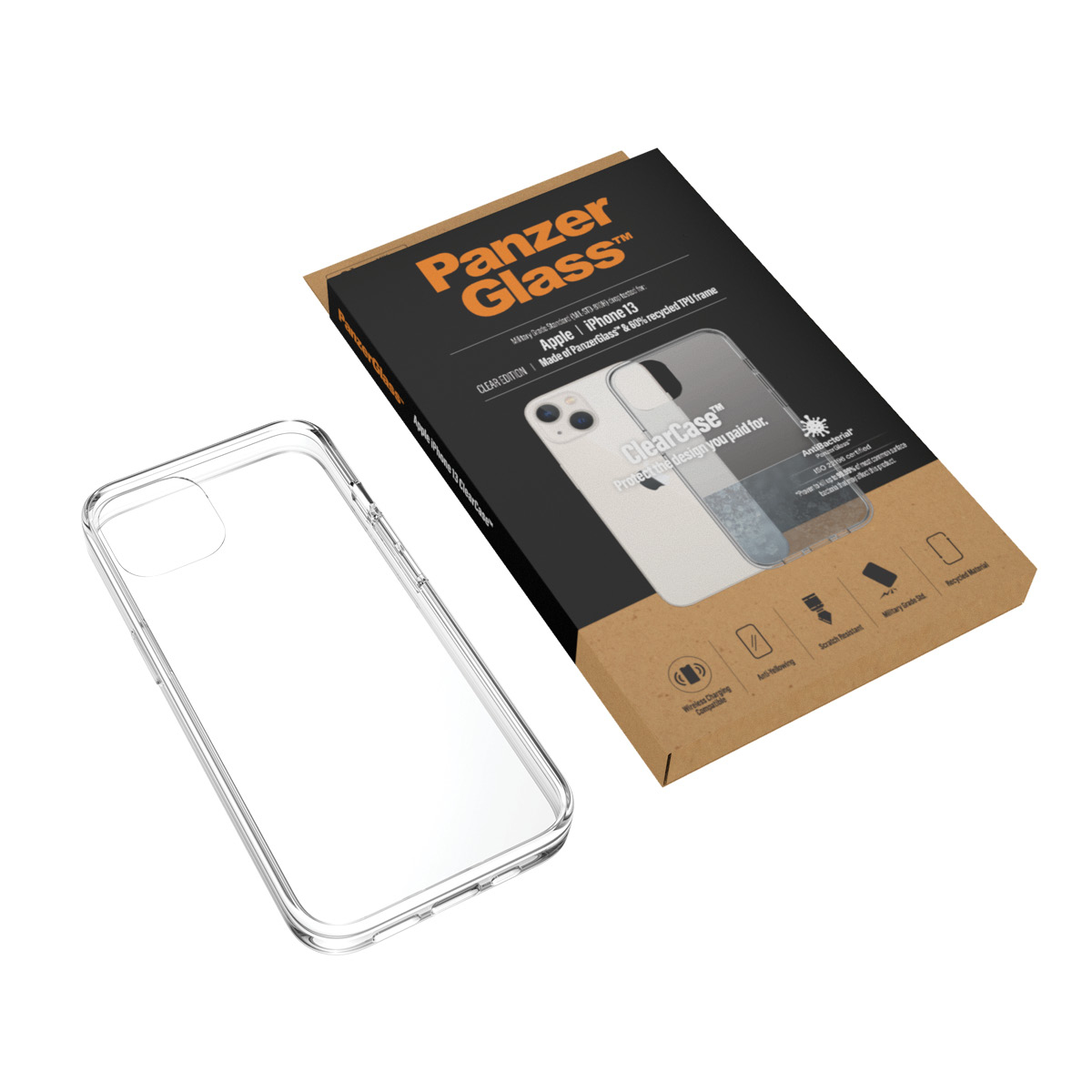 Transparente Handyhülle und Verpackung. Die Box zeigt die Handyhülle und Produktdetails. Isoliert.
