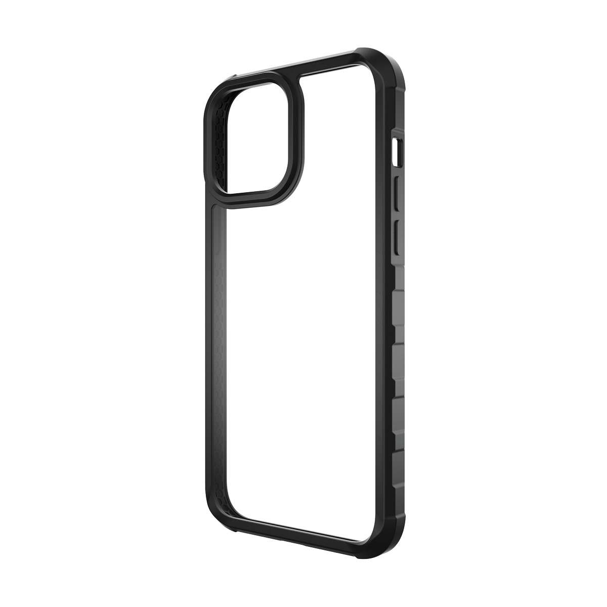 Een zwarte telefoonhoes met een uitsparing voor de camera. Het heeft een zwart frame.