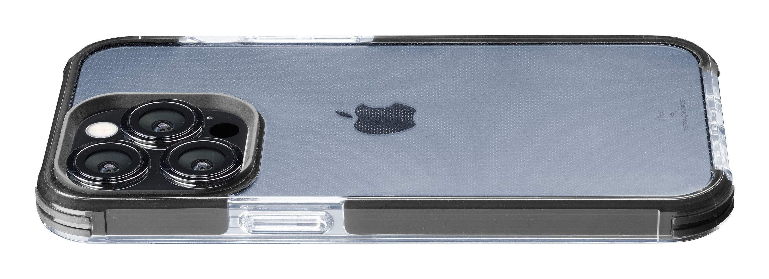 Custodia trasparente con rilievo fotocamera e logo Apple visibile.