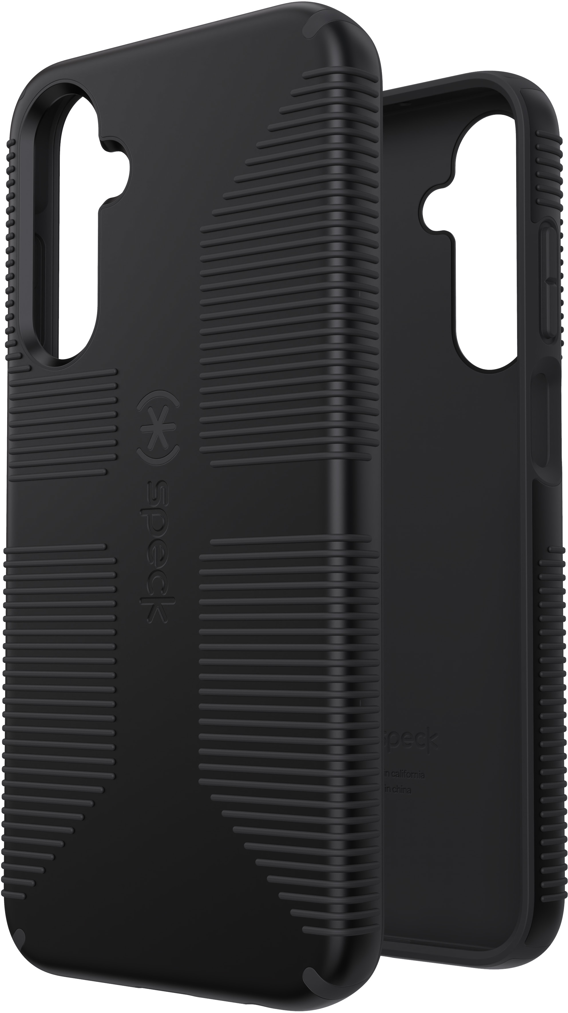 Black phone case with a textured surface. The back of the case has lines and a logo. Two phone cases are visible.