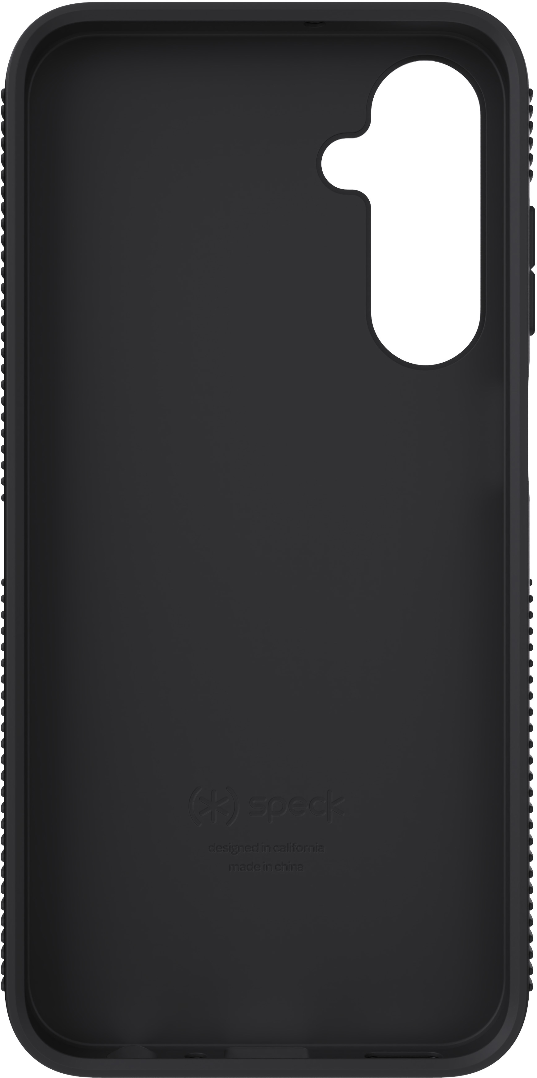 Black phone case, interior view, with a Speck logo and text, white background.