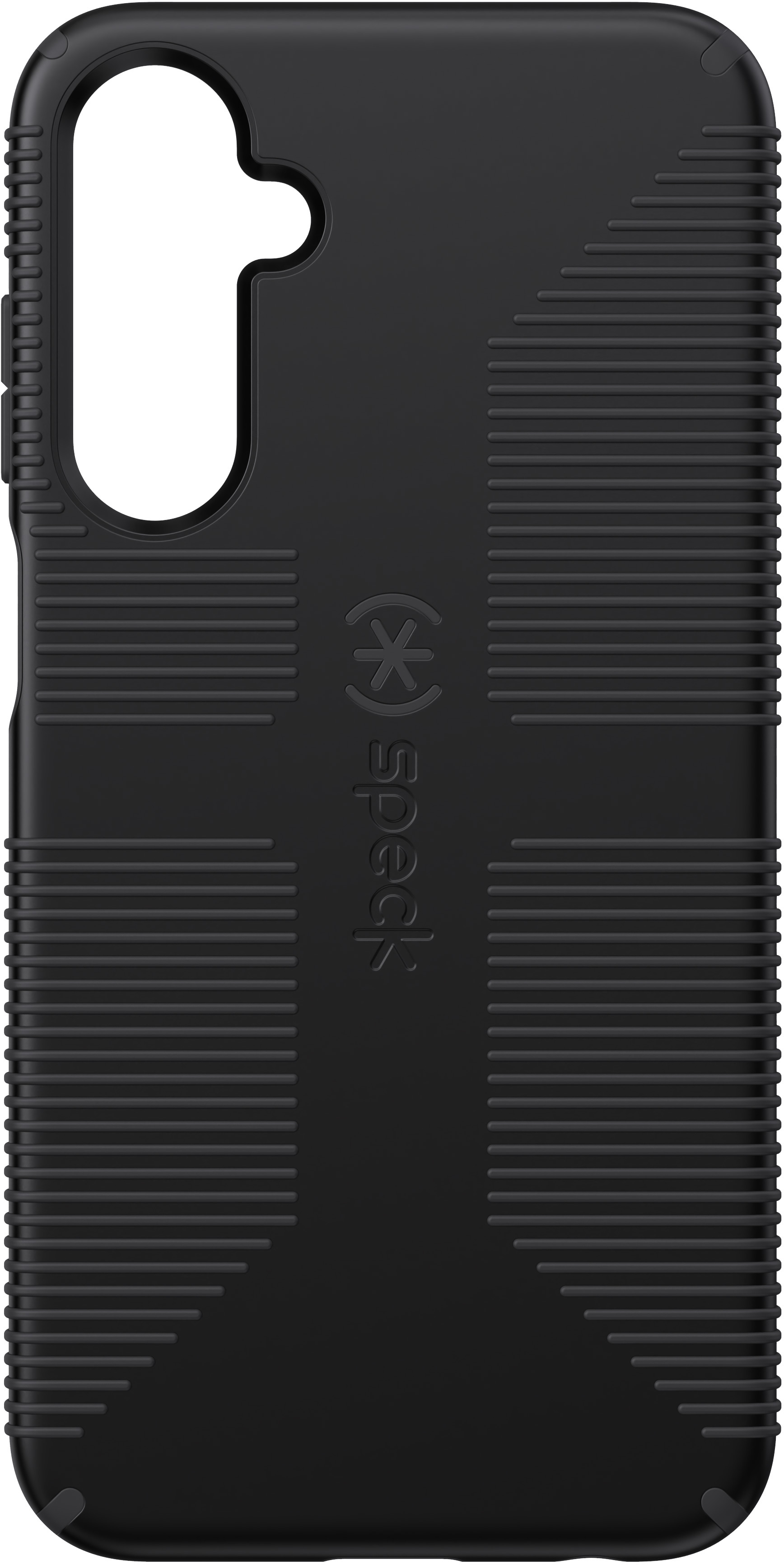 Black phone case with a textured back and a logo. It is on a white background.