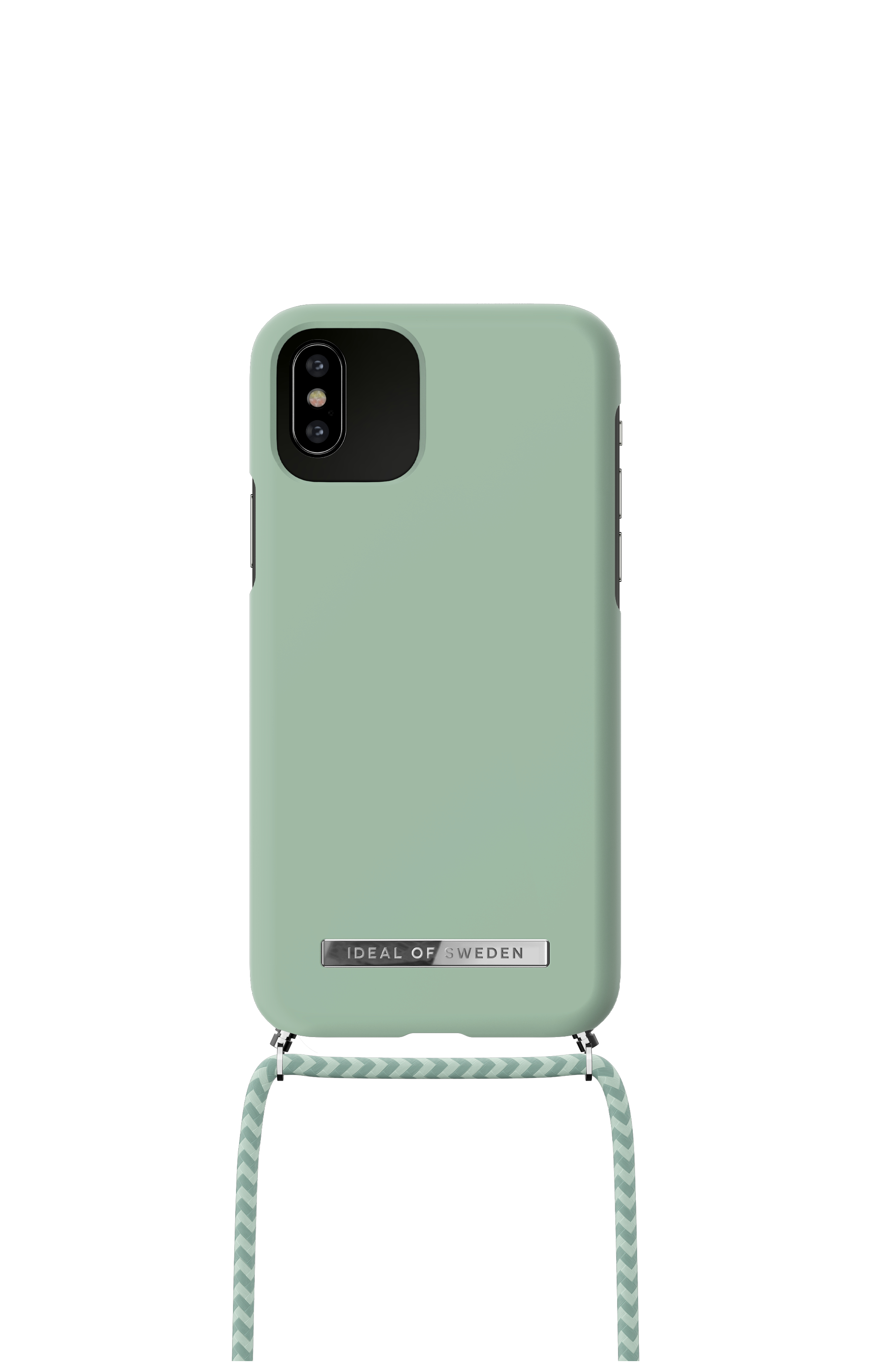 Beyaz zemin üzerinde, kayışlı, açık yeşil bir iPhone kılıfı.
