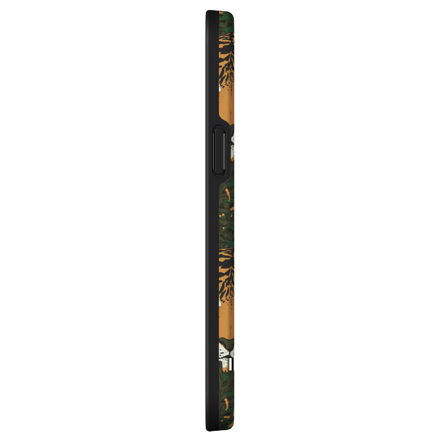 Custodia per iPhone nera con motivo a tigre. Design mimetico marrone e verde sui lati.