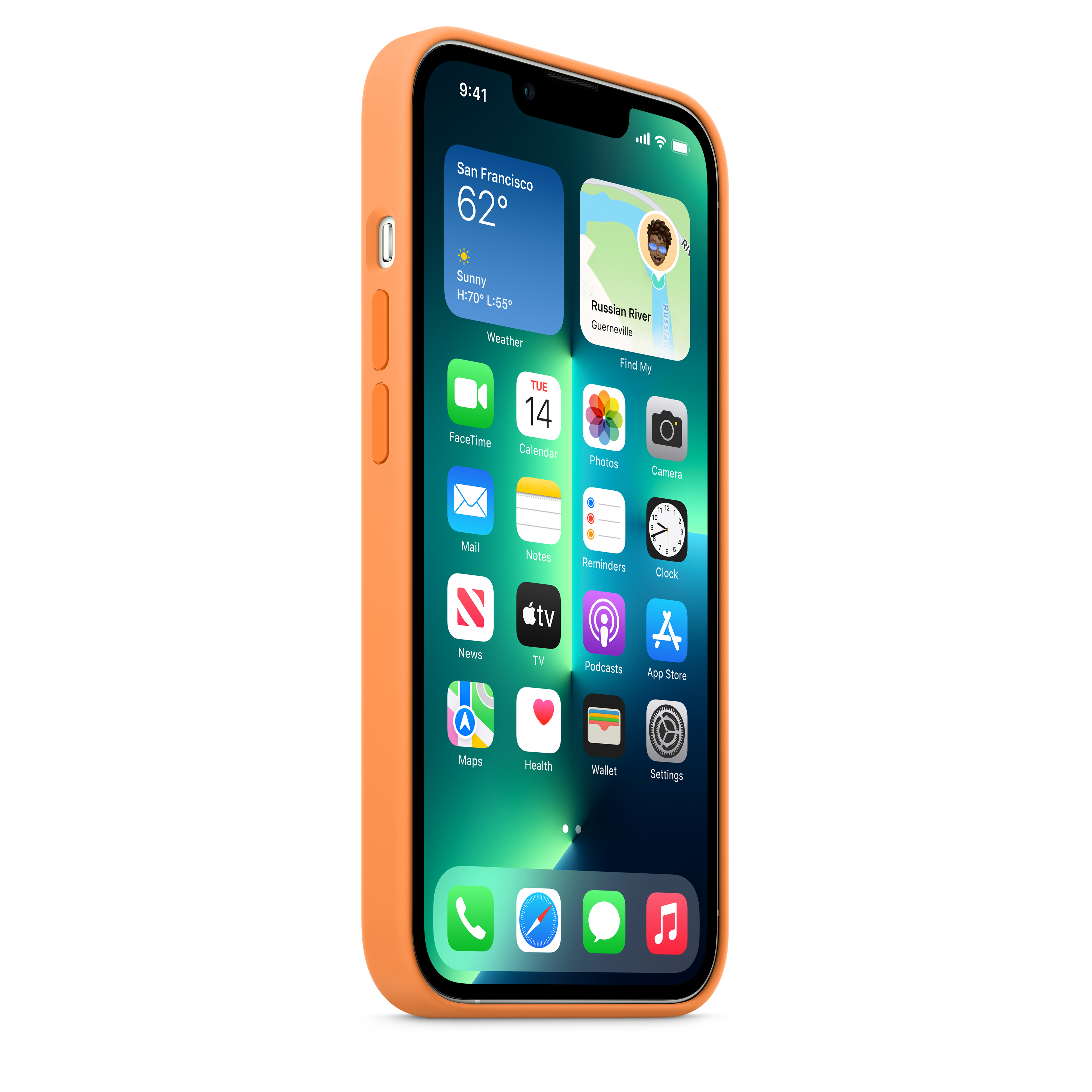 Oranje iPhone met zichtbaar startscherm, toont apps en widgets.