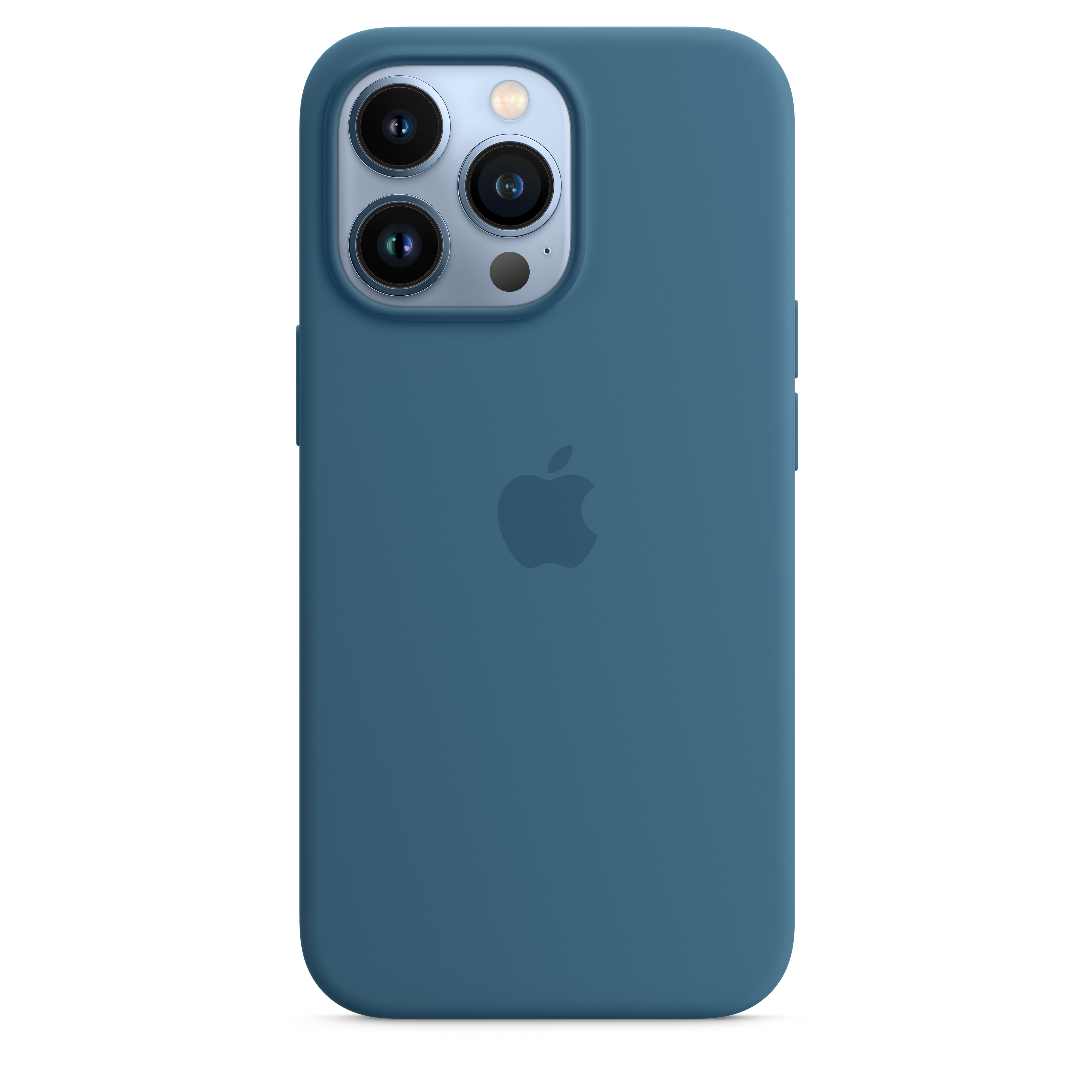 Una custodia per telefono blu con tre obiettivi della fotocamera e il logo Apple. È un colore pieno.