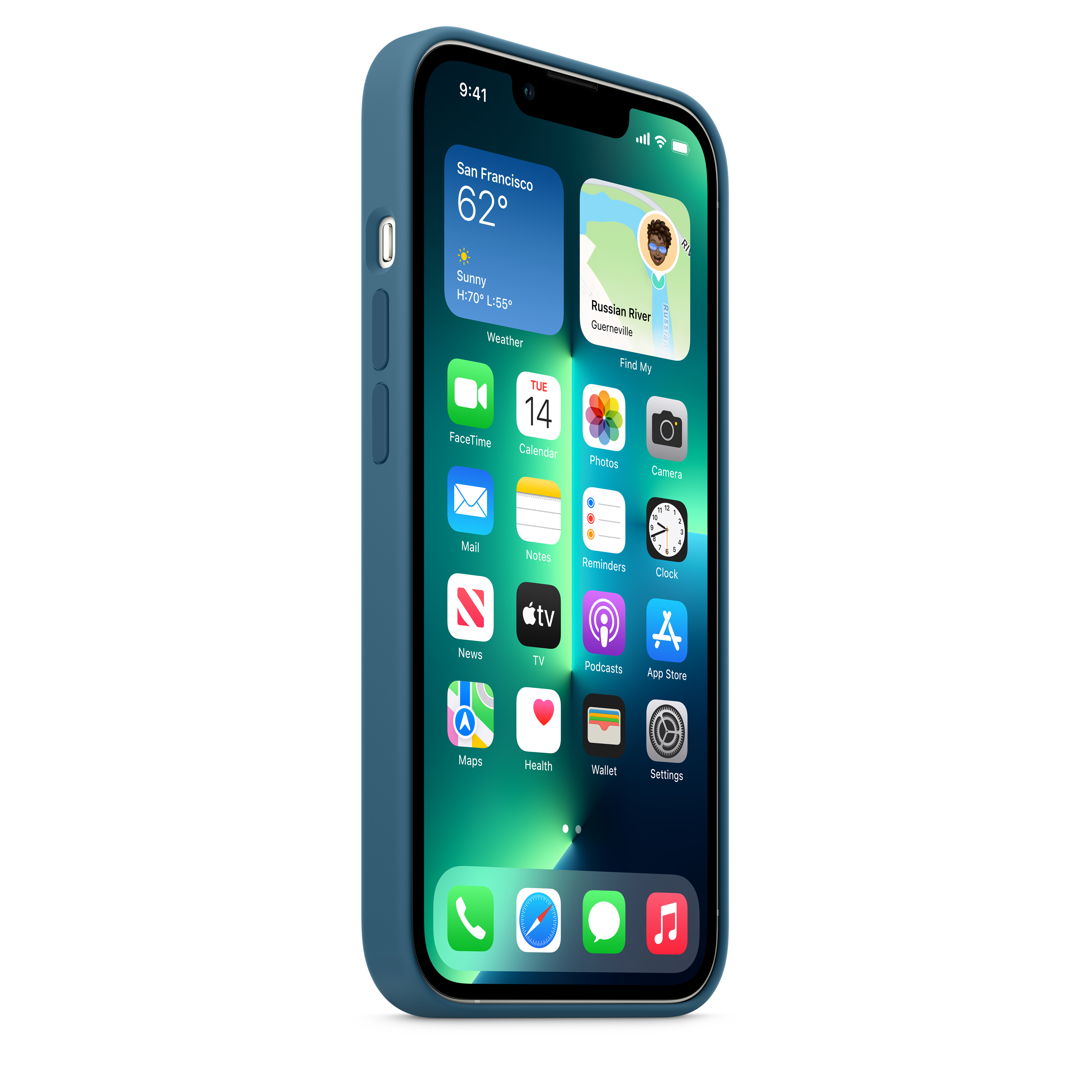 Smartphone con custodia blu che mostra una schermata iniziale con icone di app e l'ora 9:41.