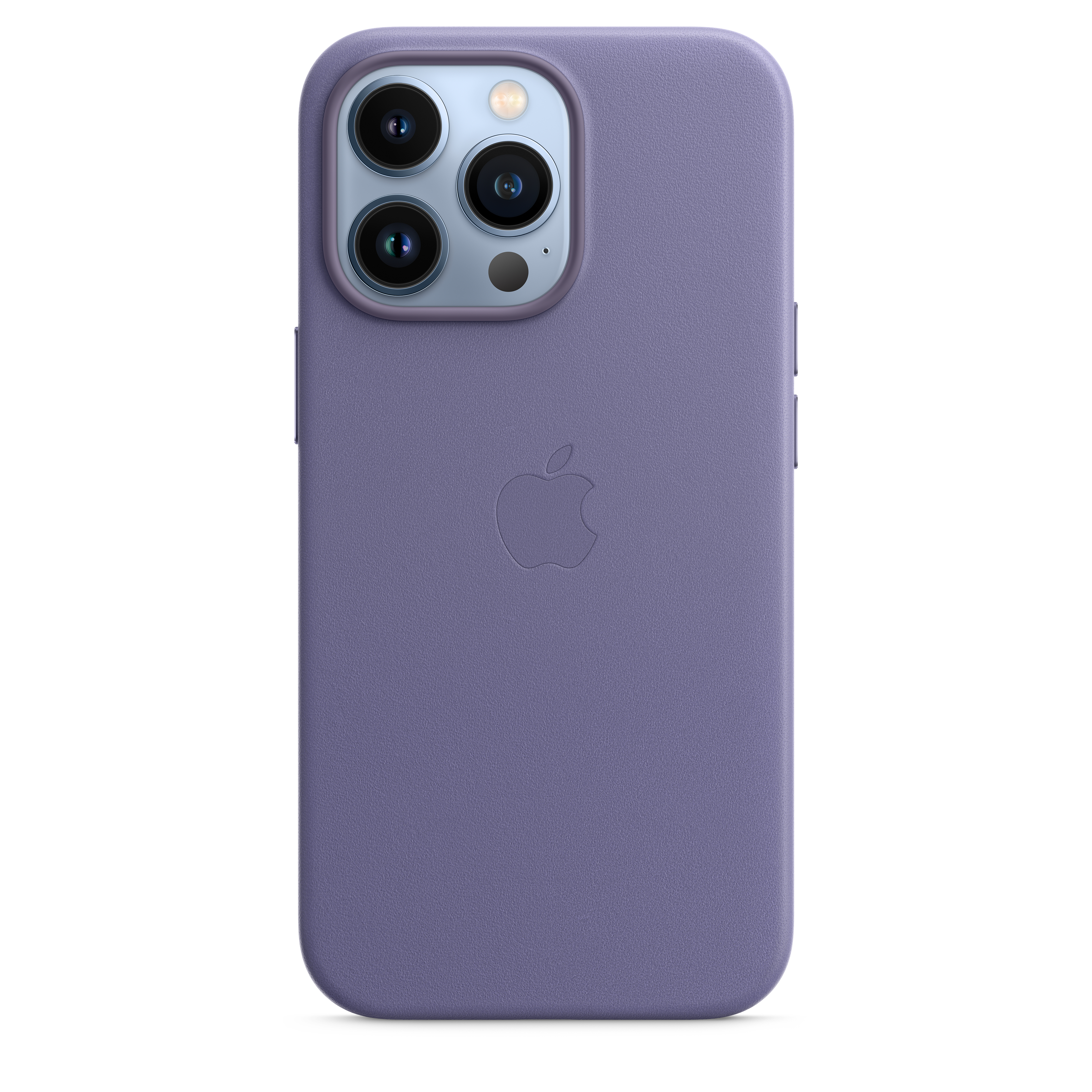 Een paars telefoonhoesje met een Apple-logo. De telefoon heeft drie camera's.