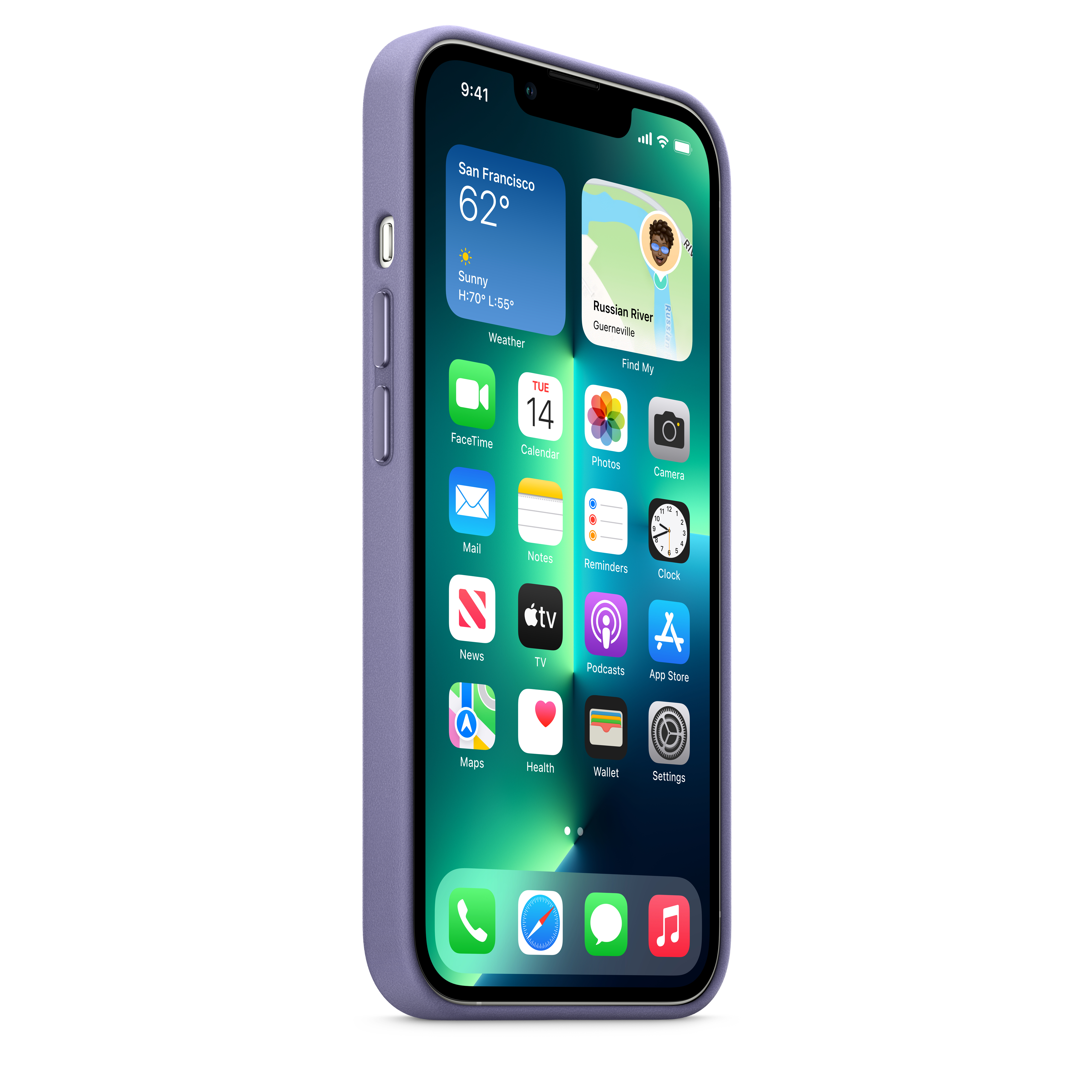 Een telefoon met app-iconen, weer en tijd, in een paarse hoes op een witte achtergrond.