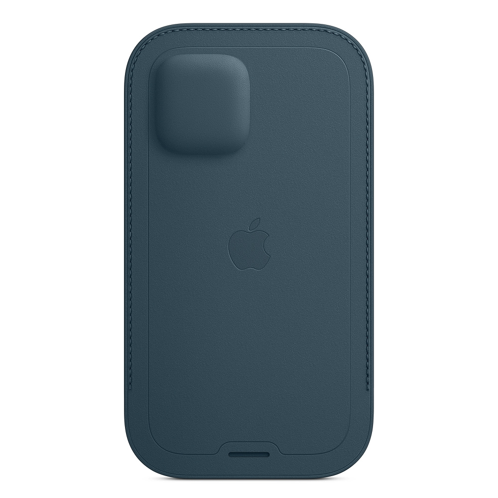 Un étui de téléphone en cuir bleu foncé avec le logo Apple en relief sur fond blanc.