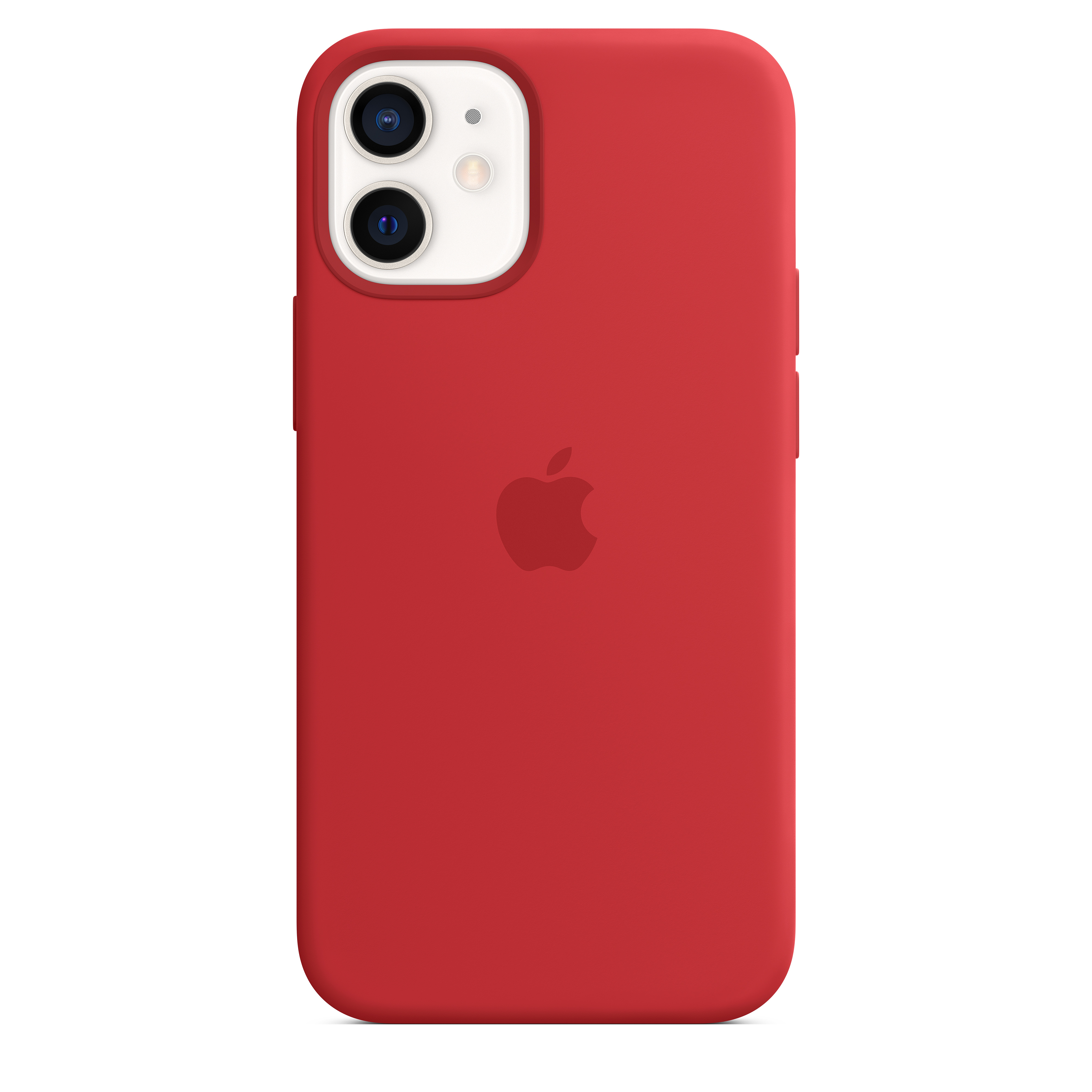 Rode telefoonhoes, met witte camera en Apple-logo.