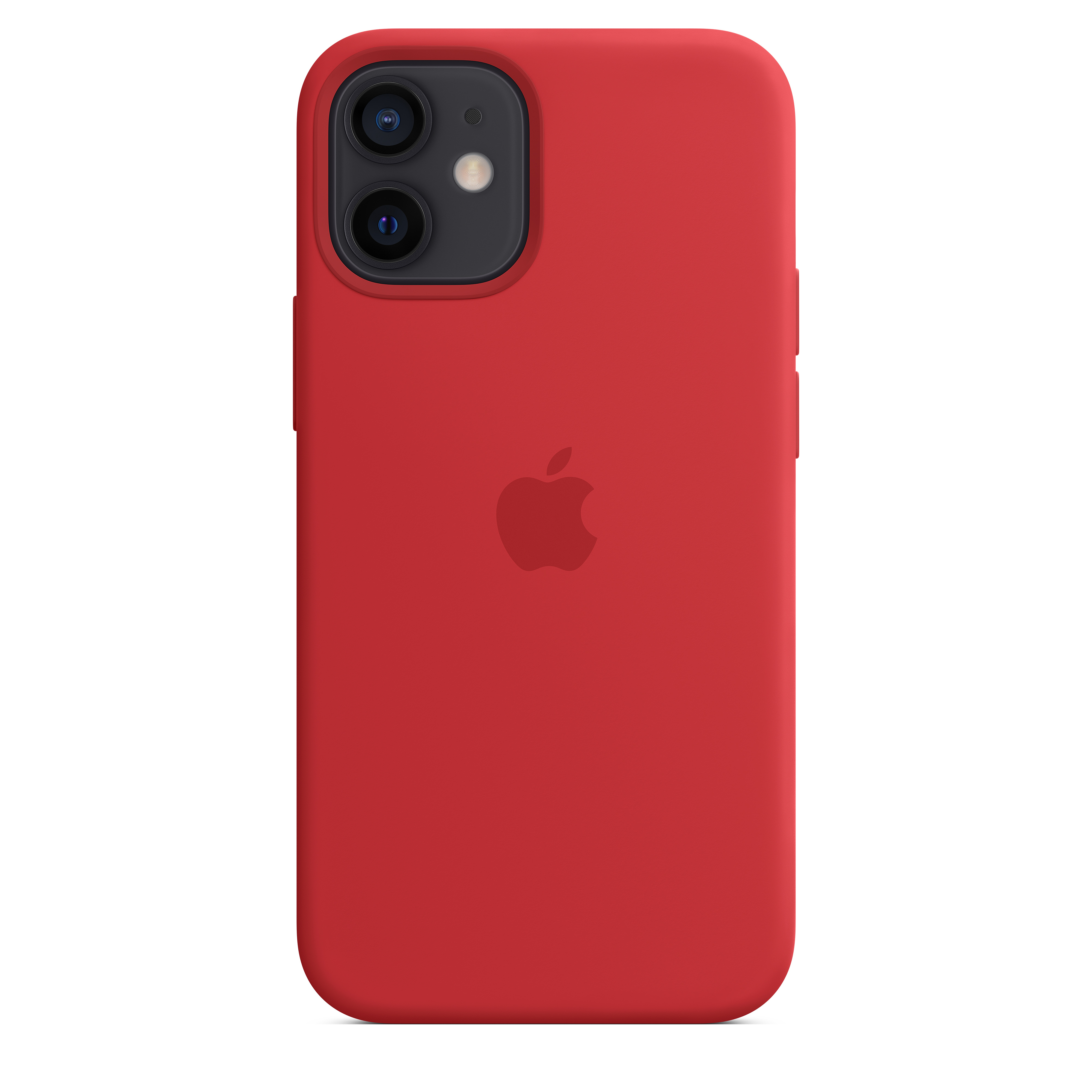 Rode telefoonhoes met Apple-logo en camera. Witte achtergrond.
